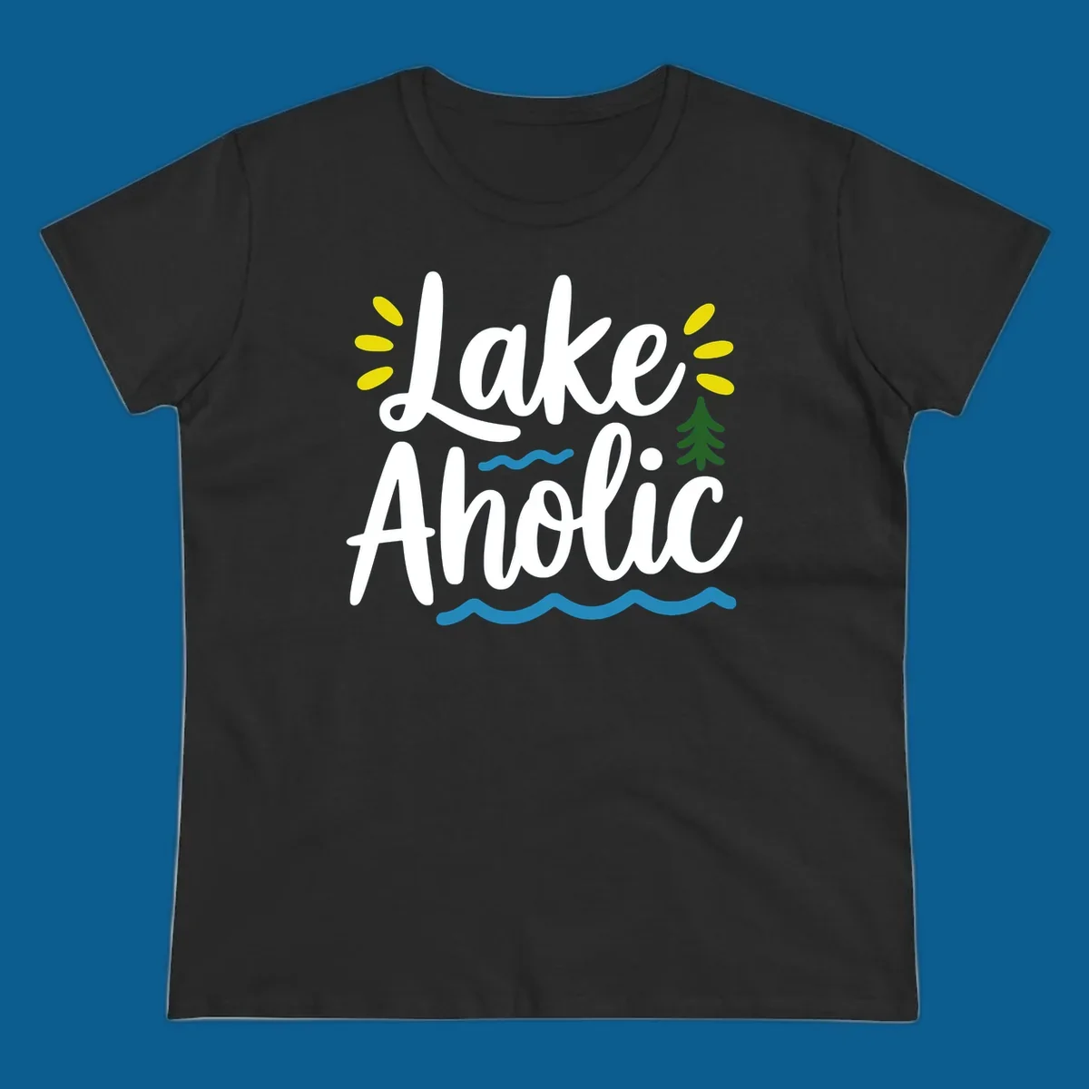 Lakeaholic text design with sun rays, pine tree, and water waves.