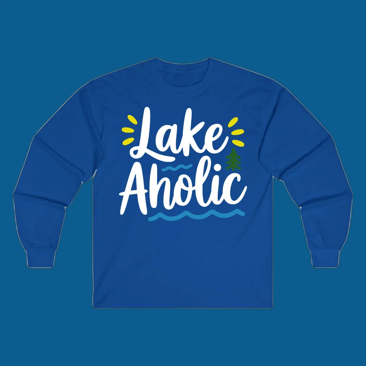 Lakeaholic text design with sun rays, pine tree, and water waves.