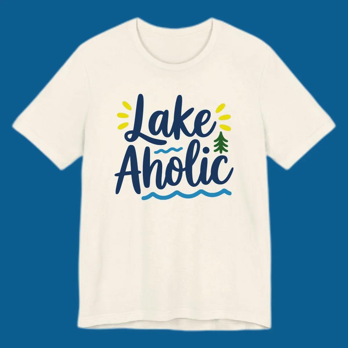 Lakeaholic text design with sun rays, pine tree, and water waves.