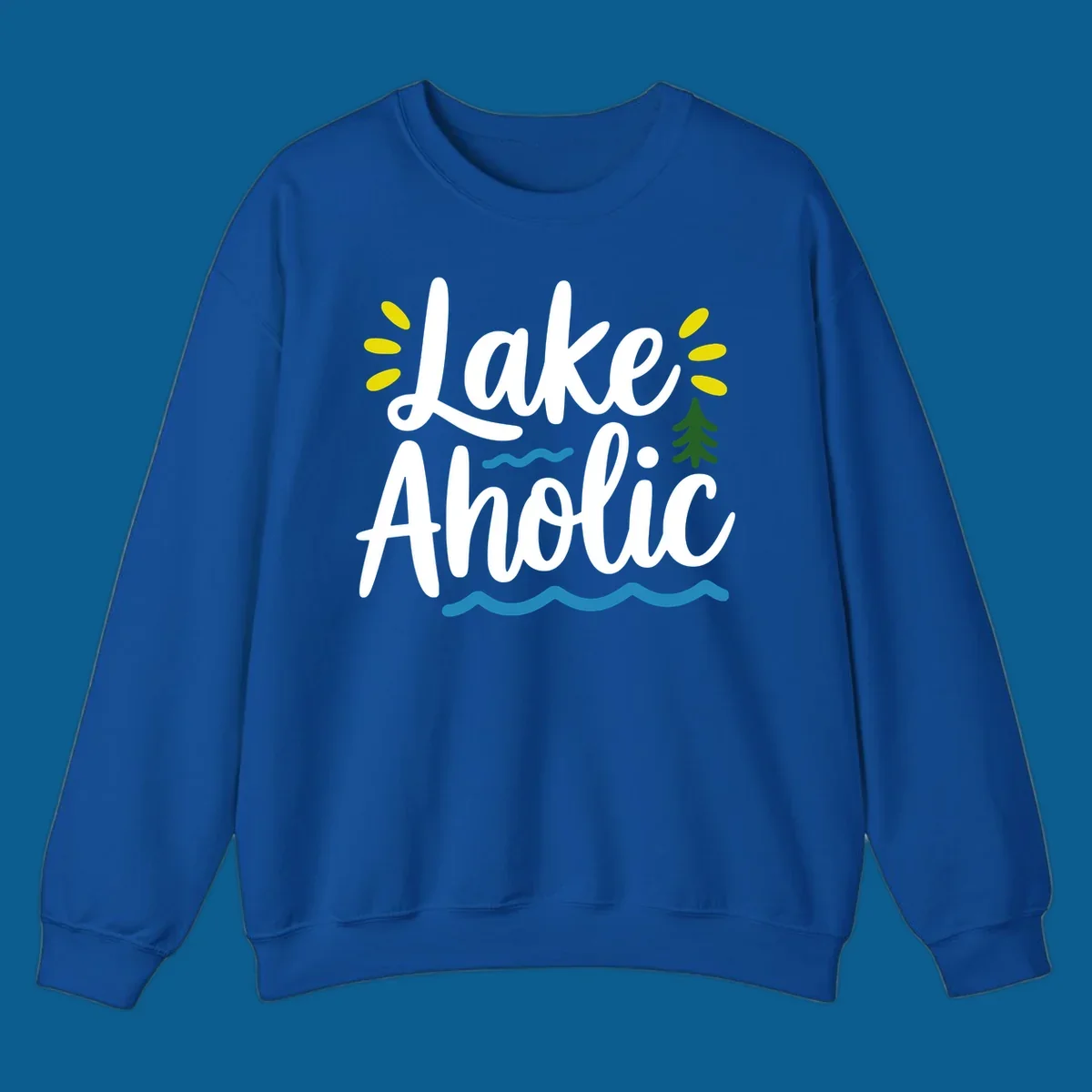 Lakeaholic text design with sun rays, pine tree, and water waves.