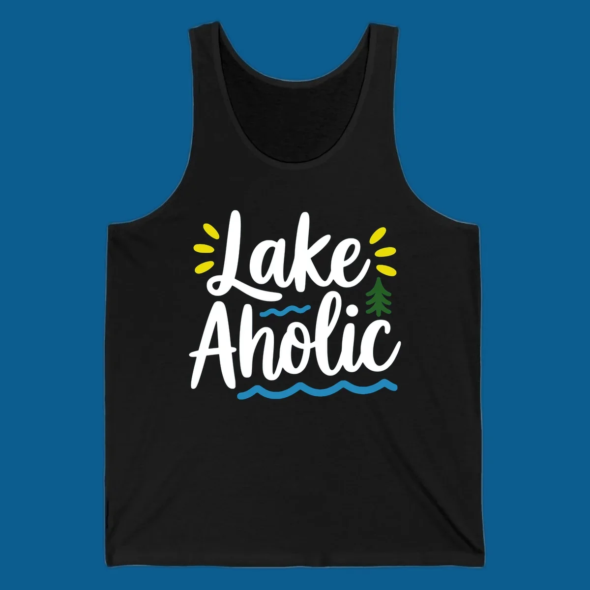 Lakeaholic text design with sun rays, pine tree, and water waves.