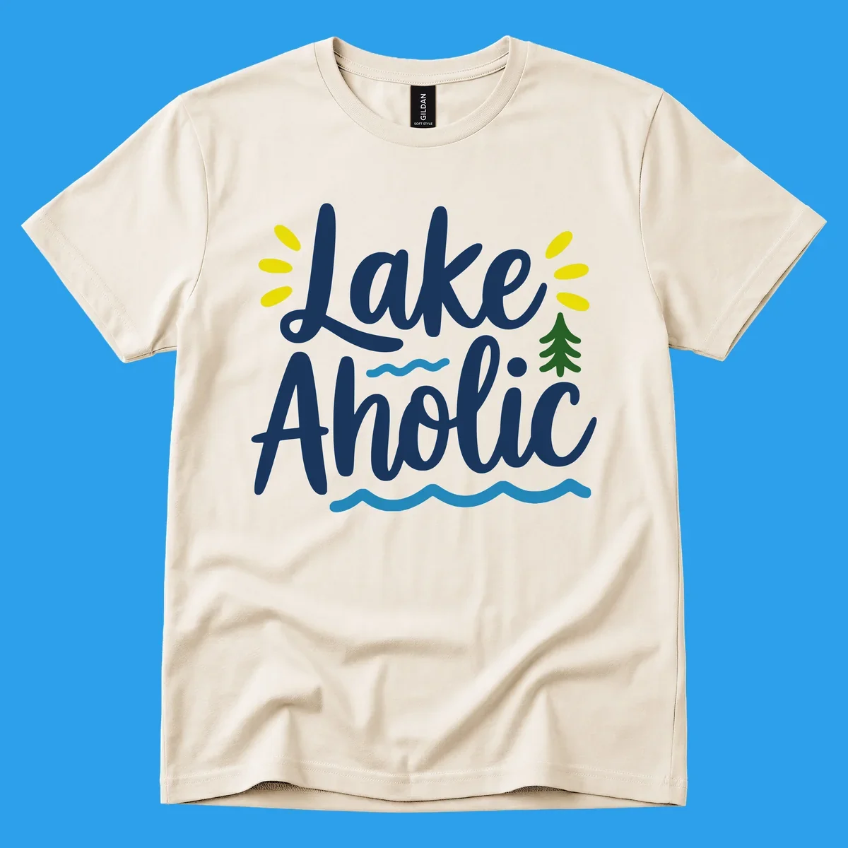 Lakeaholic text design with sun rays, pine tree, and water waves.