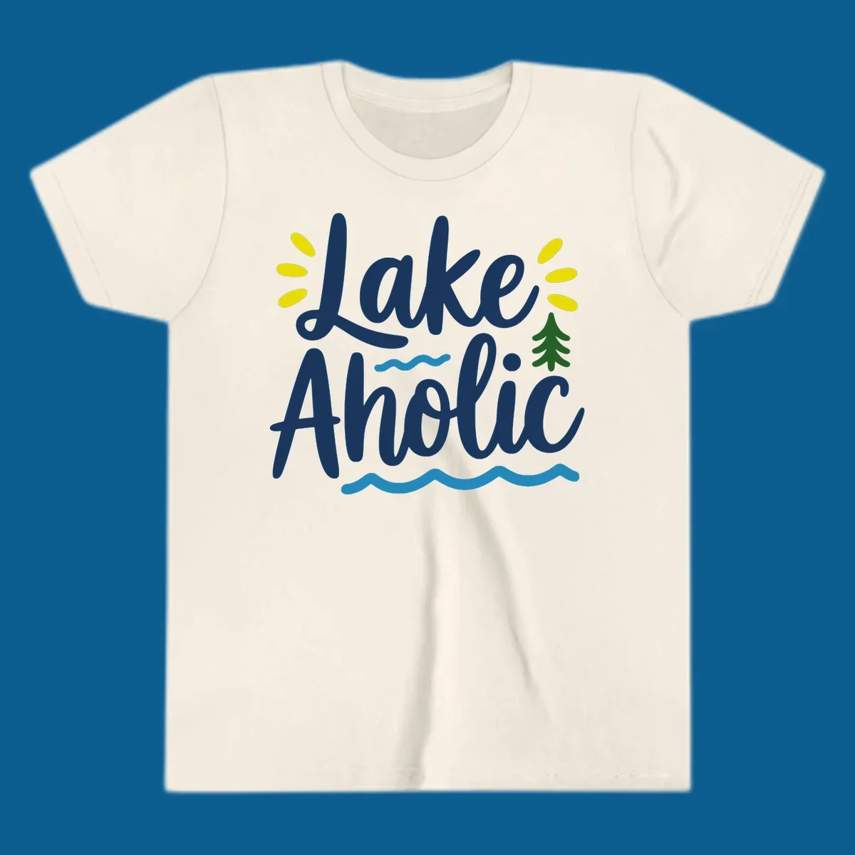 Lakeaholic text design with sun rays, pine tree, and water waves.