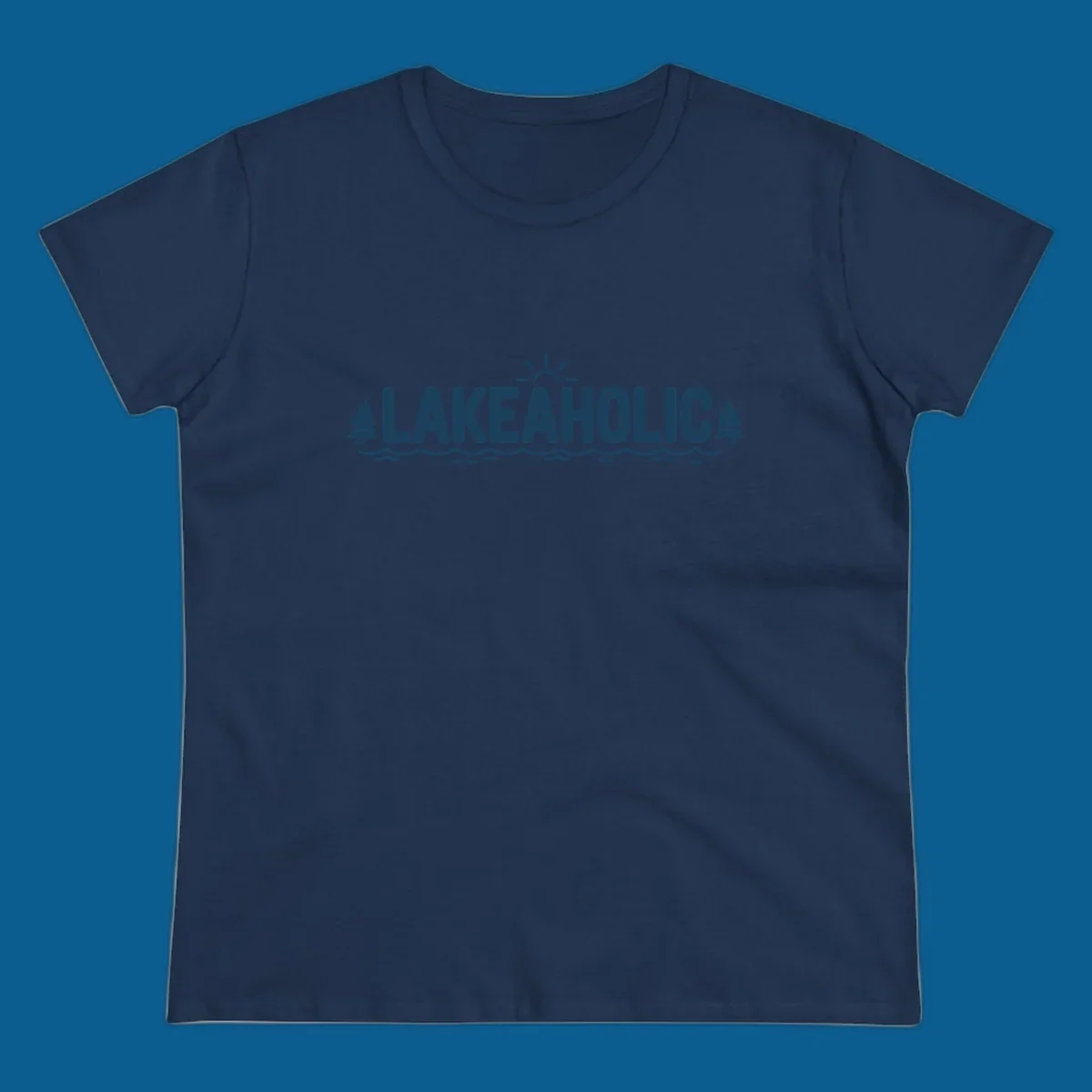 Lakeaholic typography with sun, sailboats, and waves graphic.
