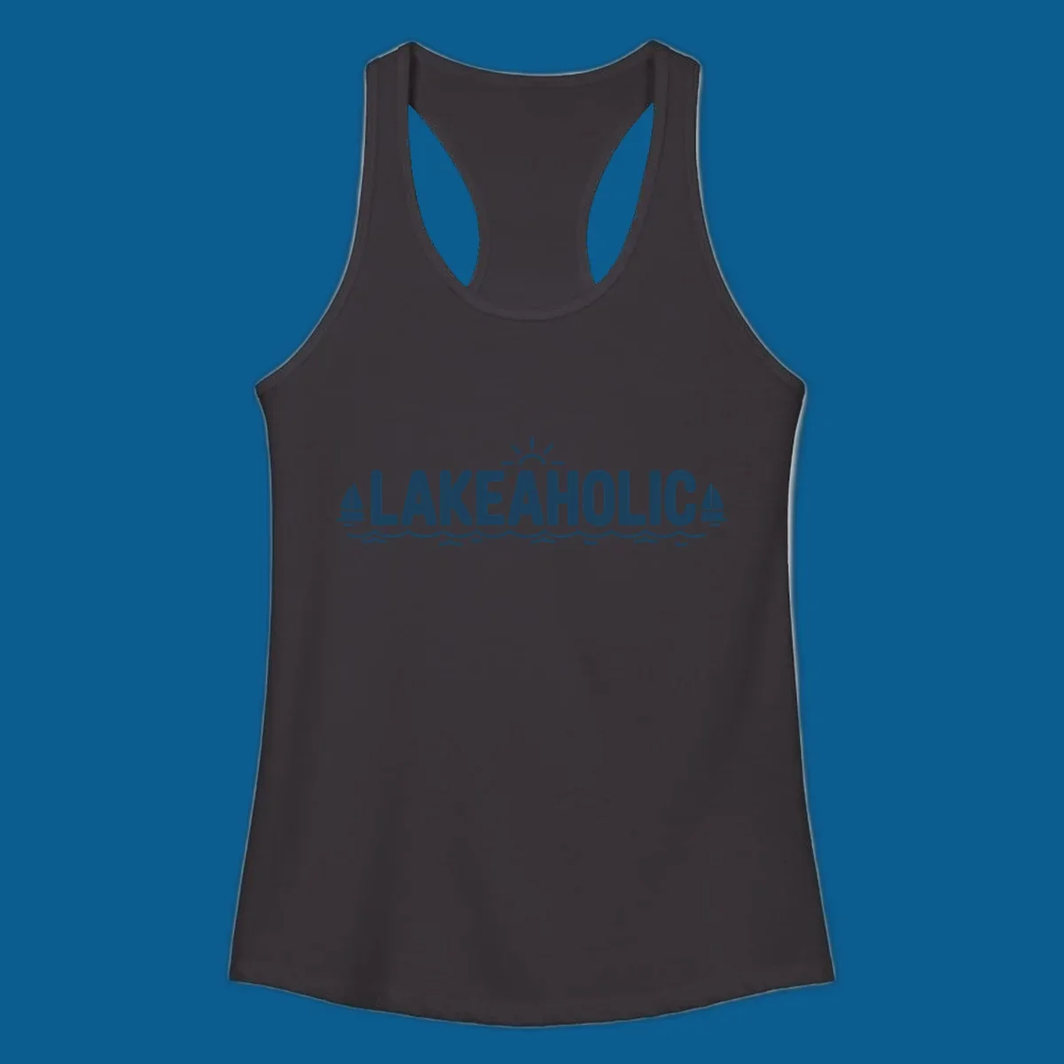 Lakeaholic typography with sun, sailboats, and waves graphic.