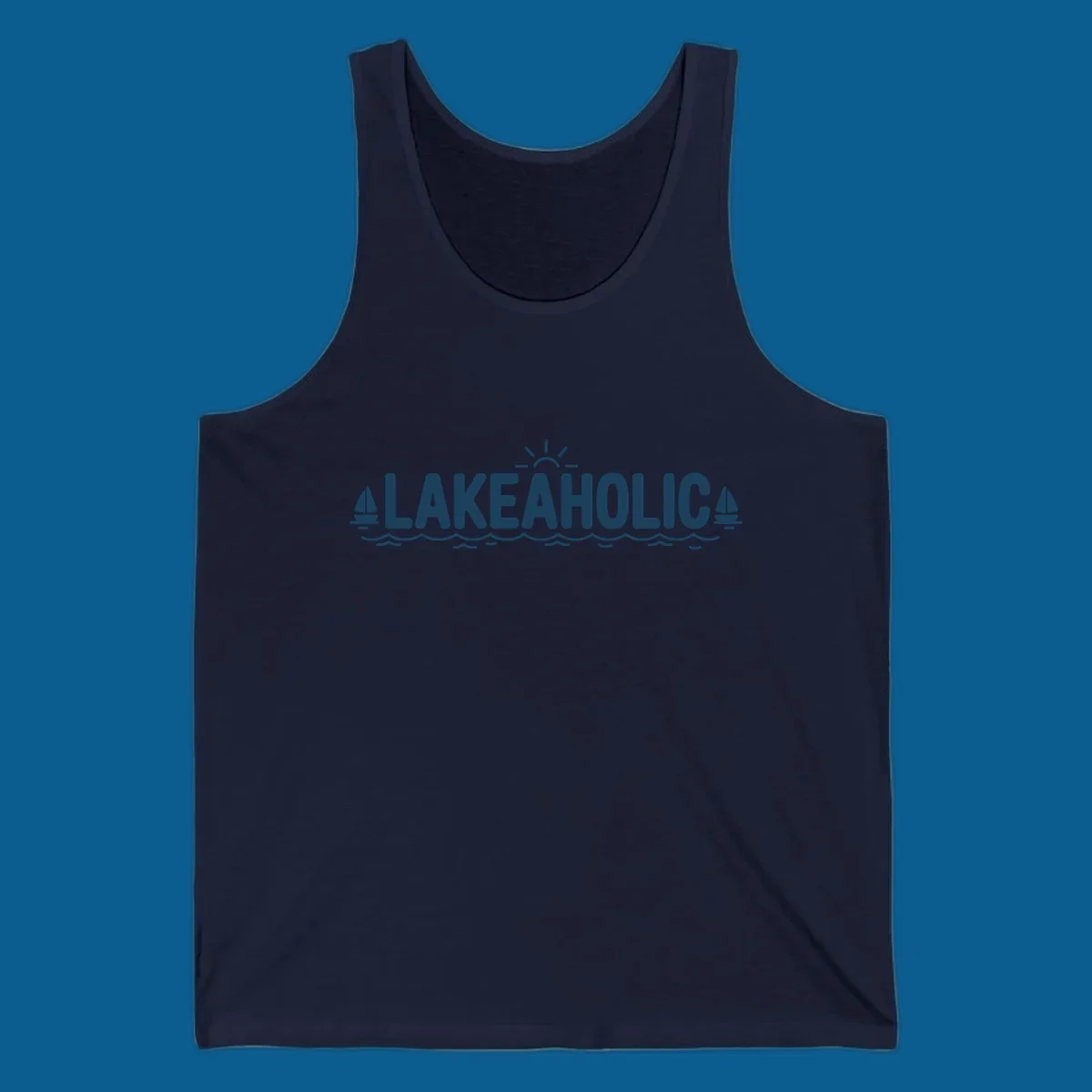 Lakeaholic typography with sun, sailboats, and waves graphic.