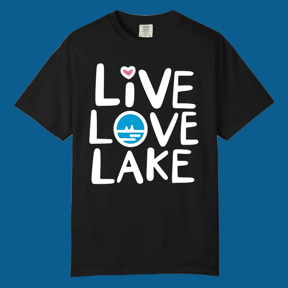 Live Love Lake text design with a lake graphic in the O of LOVE, and a heart on the I of LIVE.