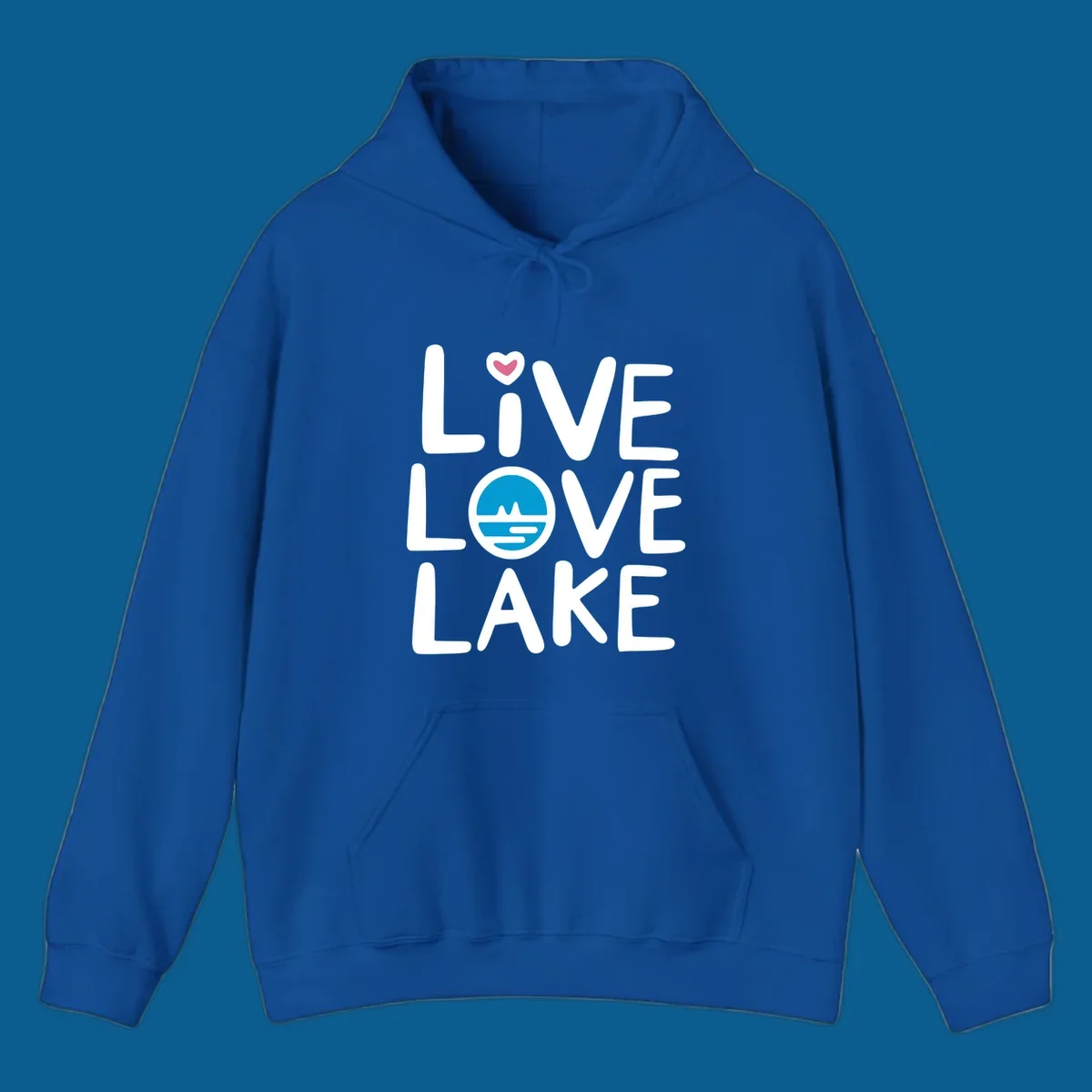 Live Love Lake text design with a lake graphic in the O of LOVE, and a heart on the I of LIVE.