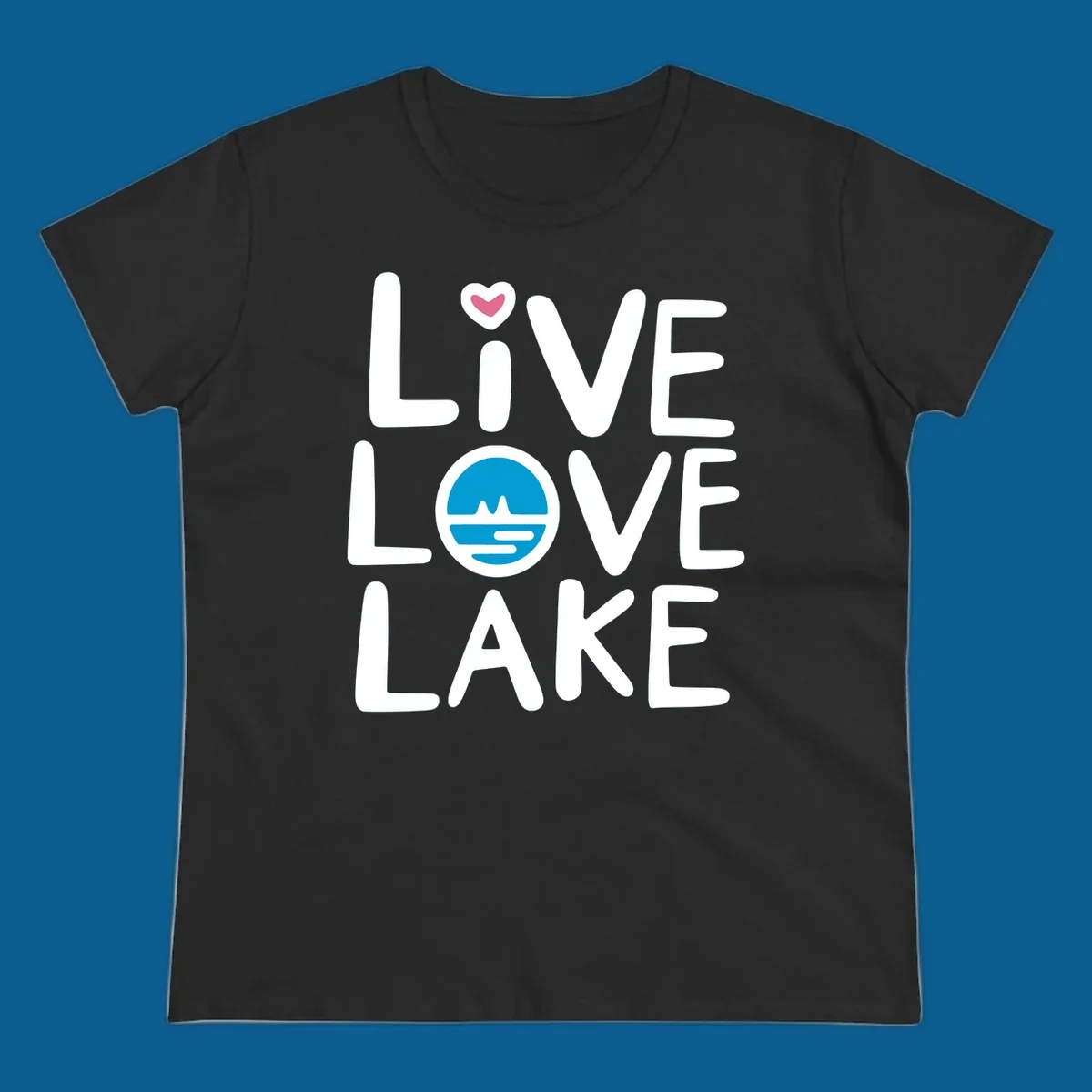 Live Love Lake text design with a lake graphic in the O of LOVE, and a heart on the I of LIVE.