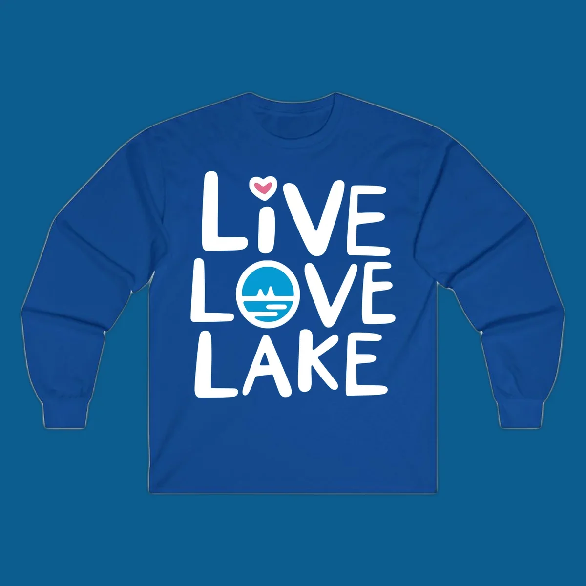 Live Love Lake text design with a lake graphic in the O of LOVE, and a heart on the I of LIVE.