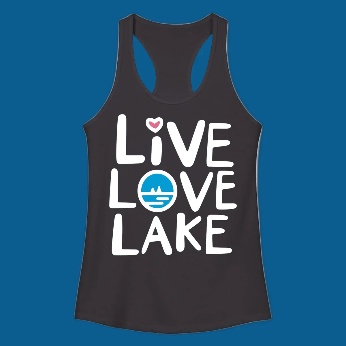 Live Love Lake text design with a lake graphic in the O of LOVE, and a heart on the I of LIVE.