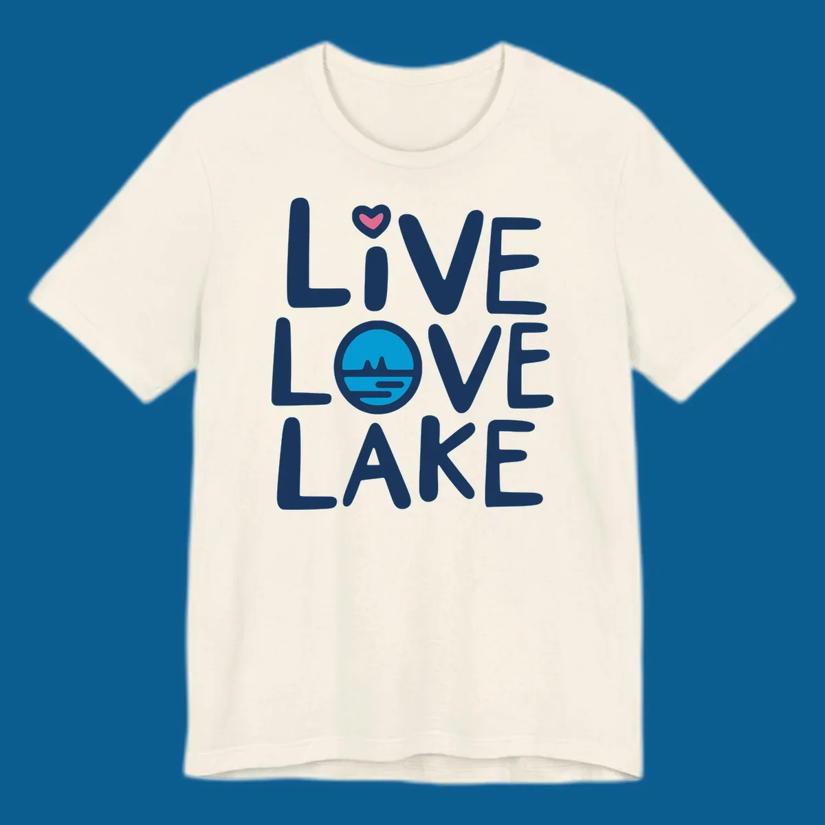 Live Love Lake text design with a lake graphic in the O of LOVE, and a heart on the I of LIVE.