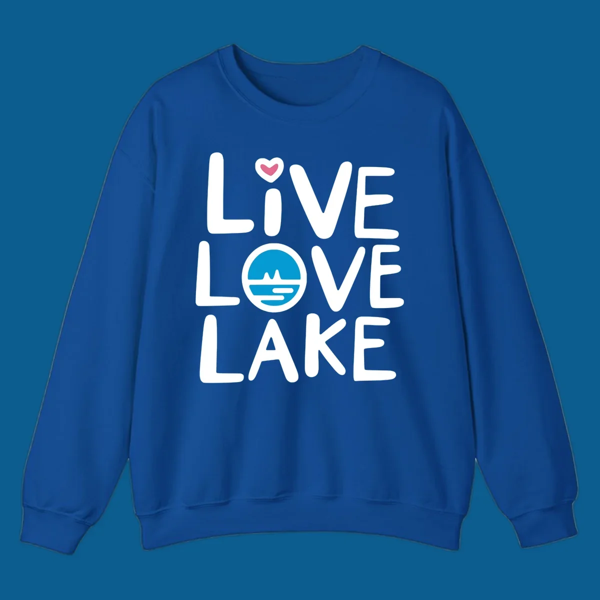 Live Love Lake text design with a lake graphic in the O of LOVE, and a heart on the I of LIVE.