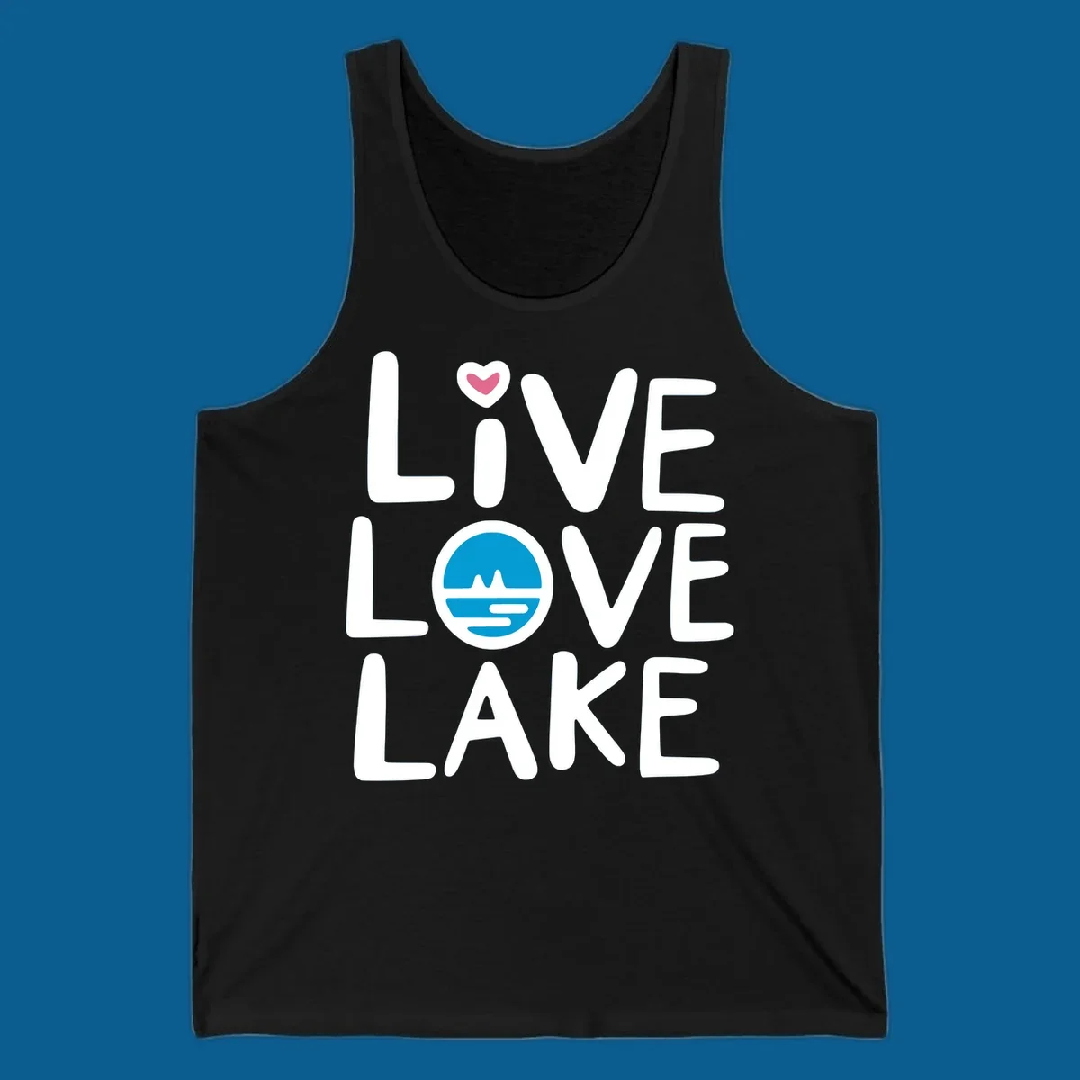 Live Love Lake text design with a lake graphic in the O of LOVE, and a heart on the I of LIVE.