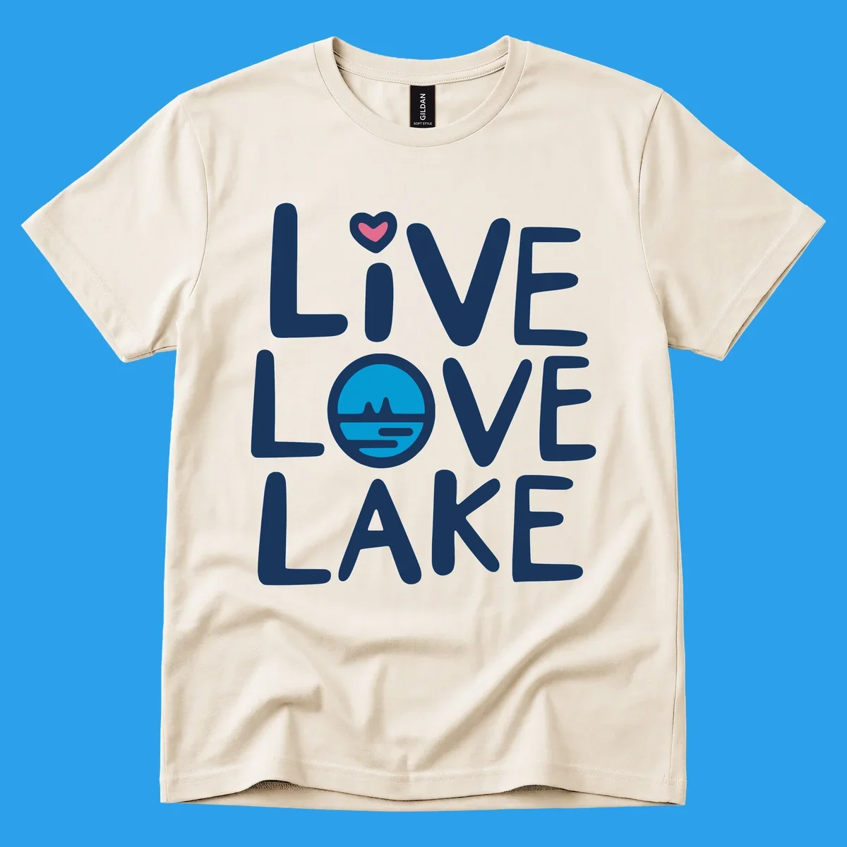 Live Love Lake text design with a lake graphic in the O of LOVE, and a heart on the I of LIVE.