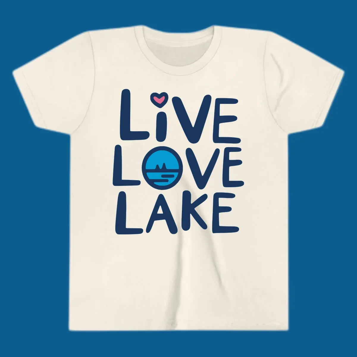 Live Love Lake text design with a lake graphic in the O of LOVE, and a heart on the I of LIVE.