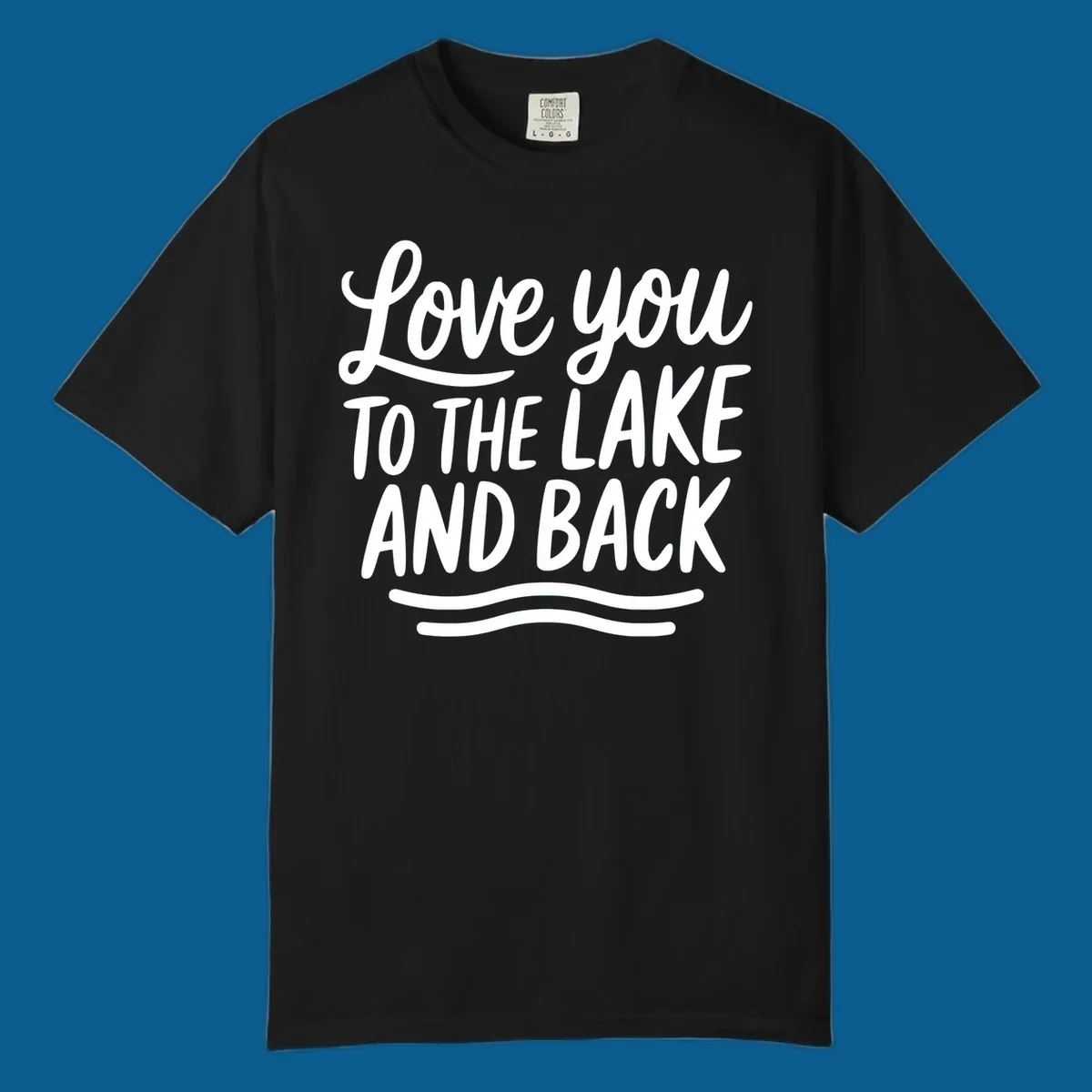 Love you to the lake and back typography with wavy lines.