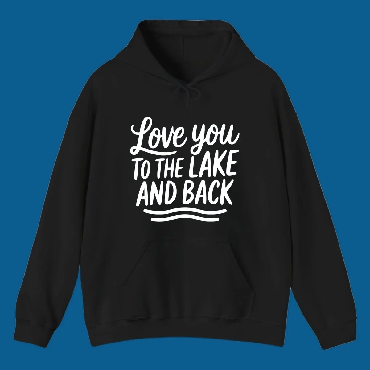 Love you to the lake and back typography with wavy lines.
