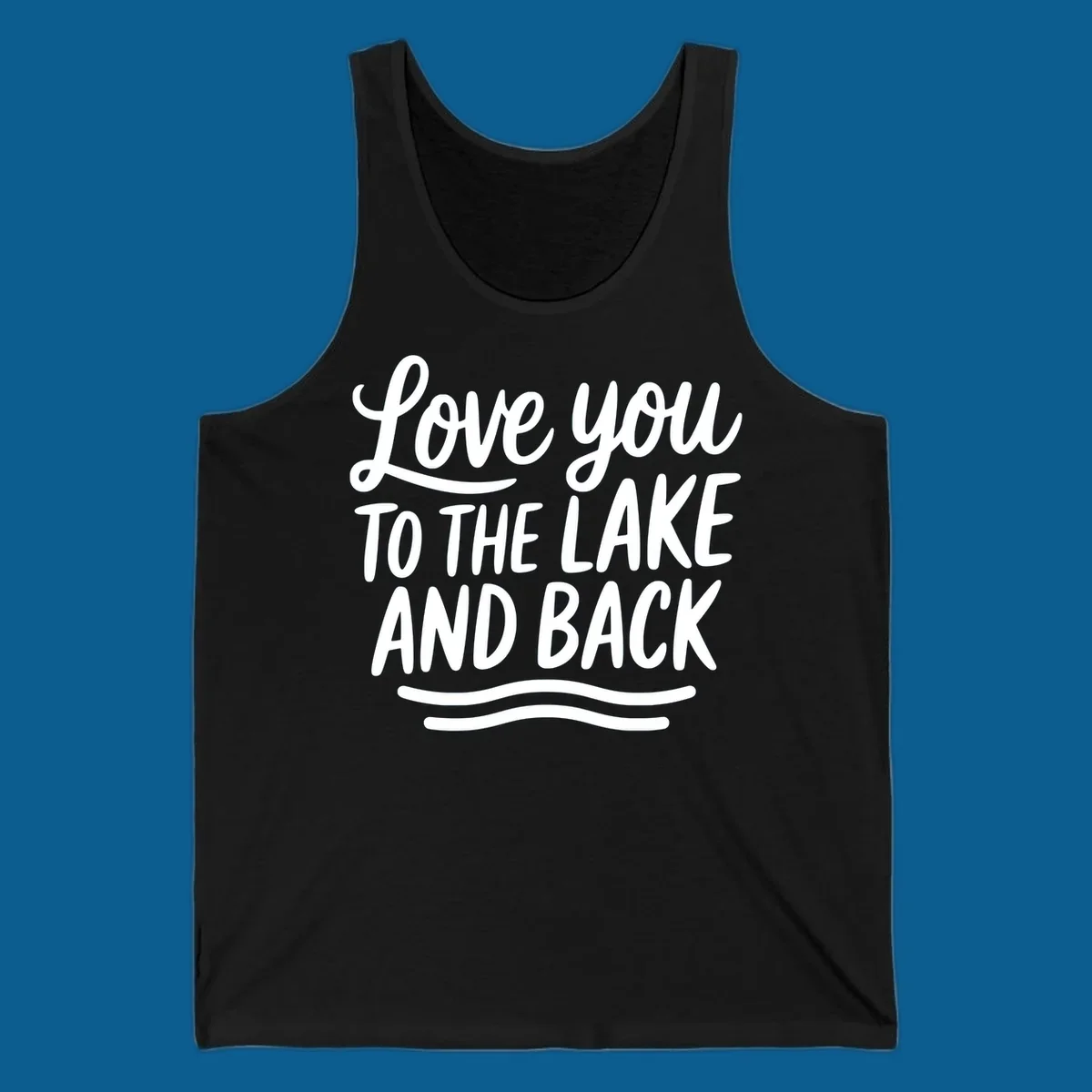 Love you to the lake and back typography with wavy lines.