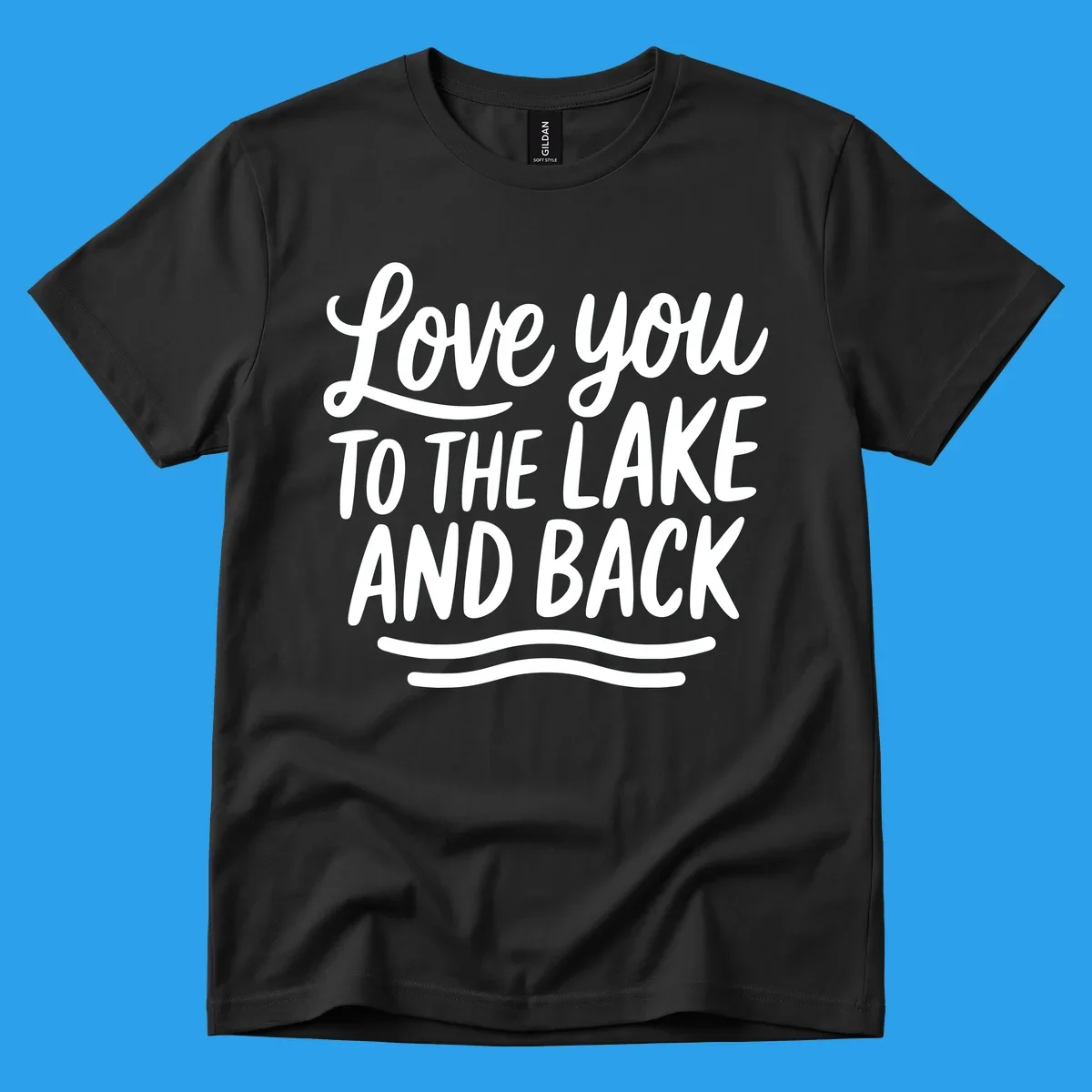Love you to the lake and back typography with wavy lines.