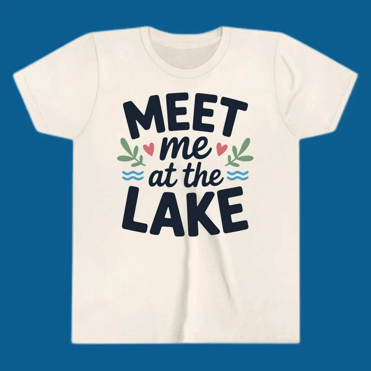 Meet me at the lake typography design with hearts, leaves, and waves.