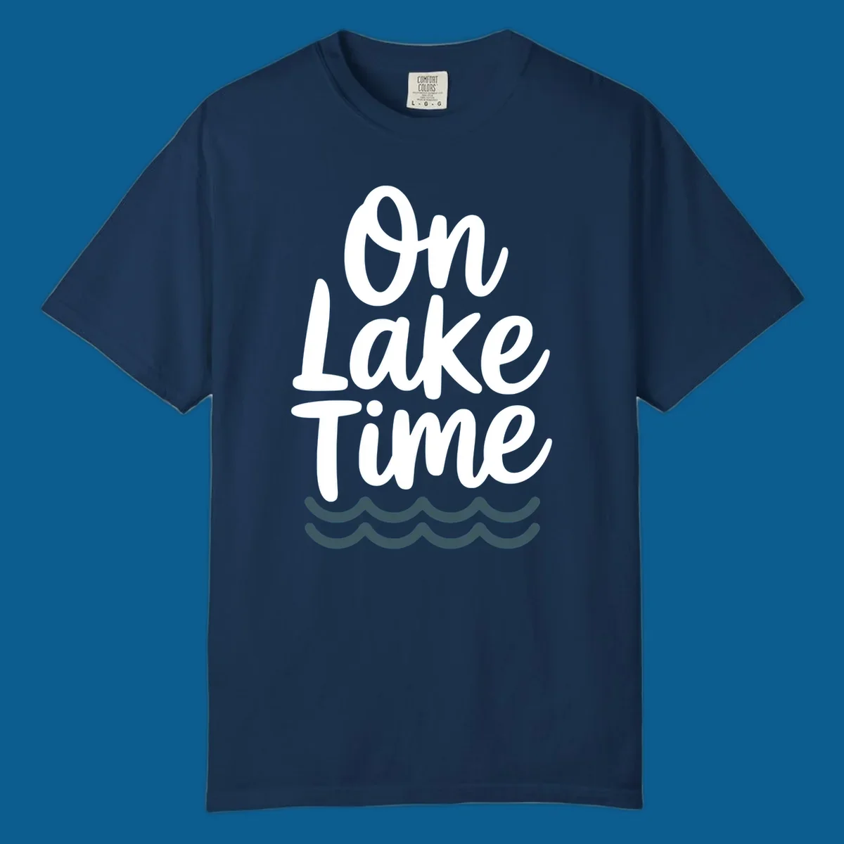 On lake time text with wavy lines, lake life graphic