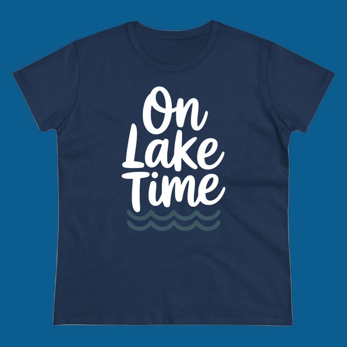 On lake time text with wavy lines, lake life graphic
