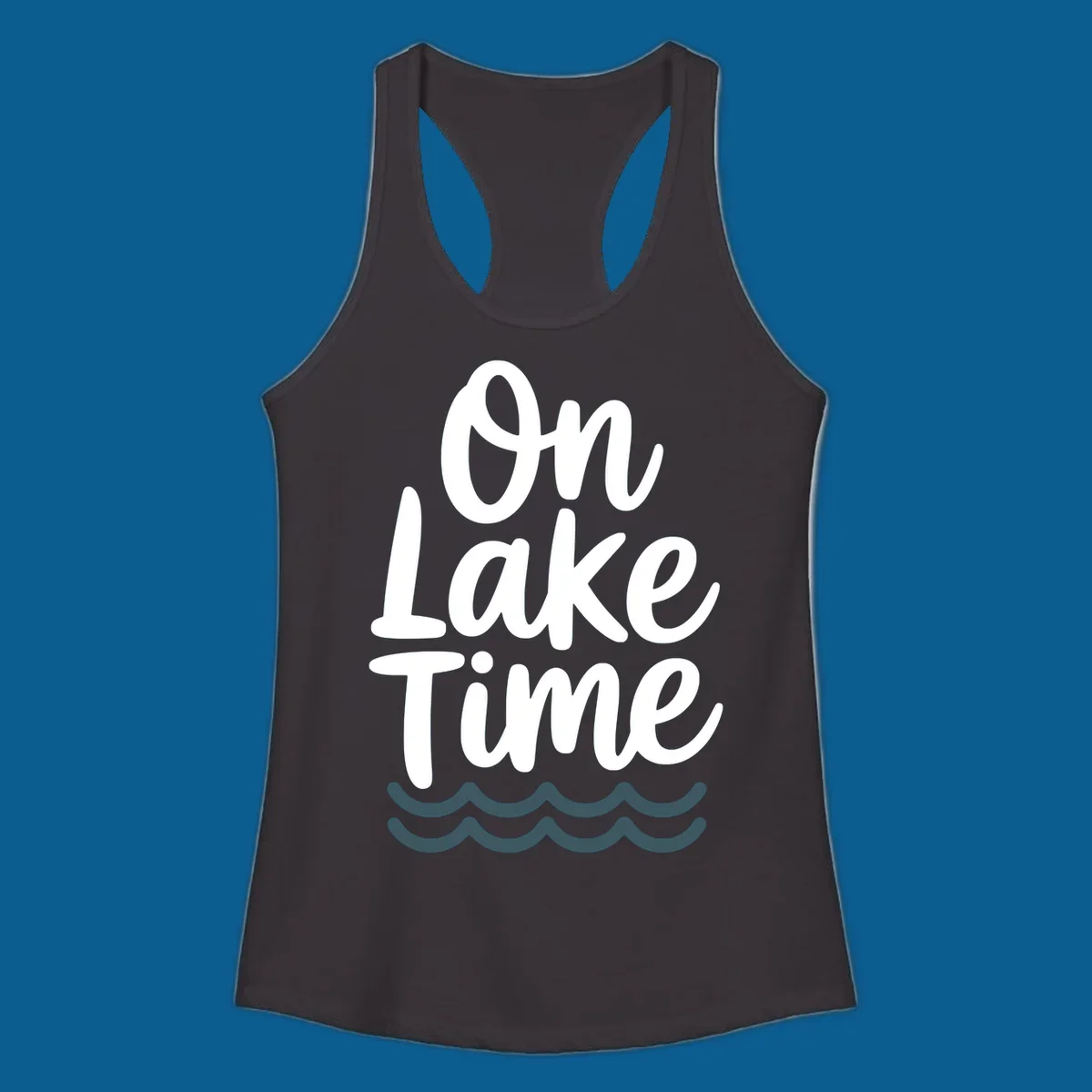 On lake time text with wavy lines, lake life graphic