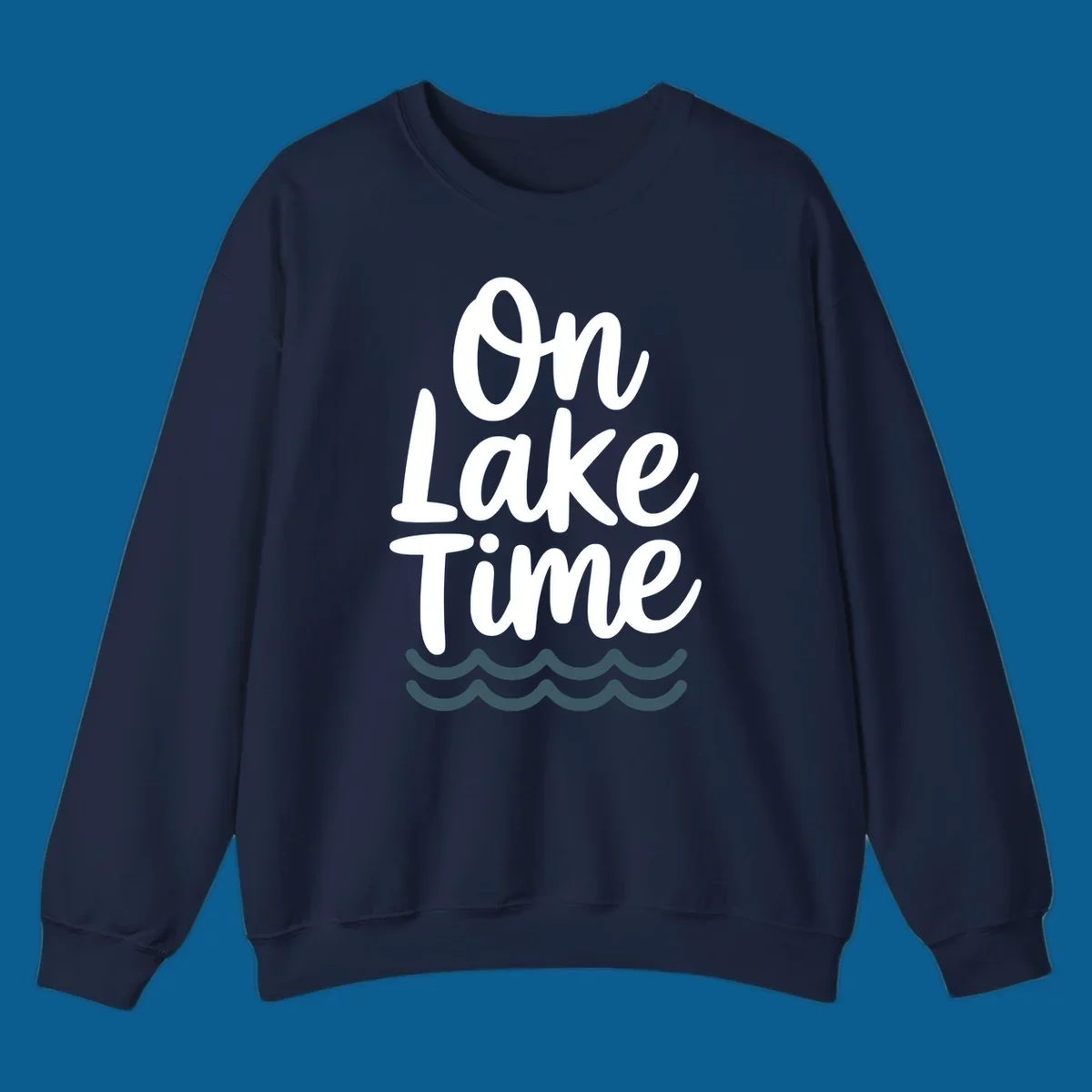 On lake time text with wavy lines, lake life graphic