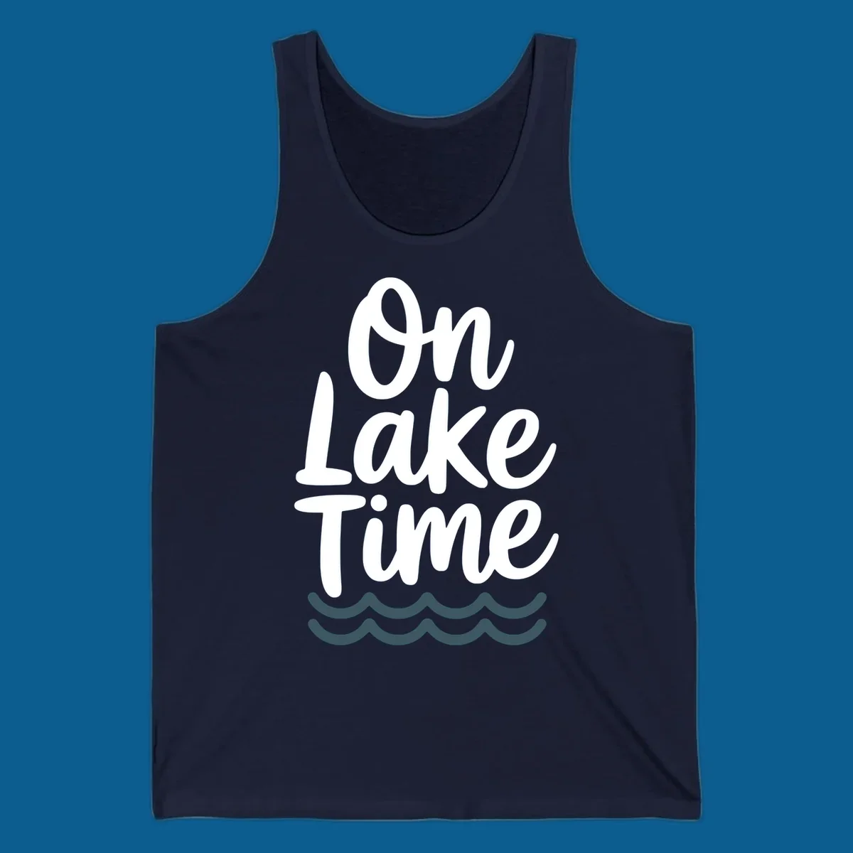 On lake time text with wavy lines, lake life graphic