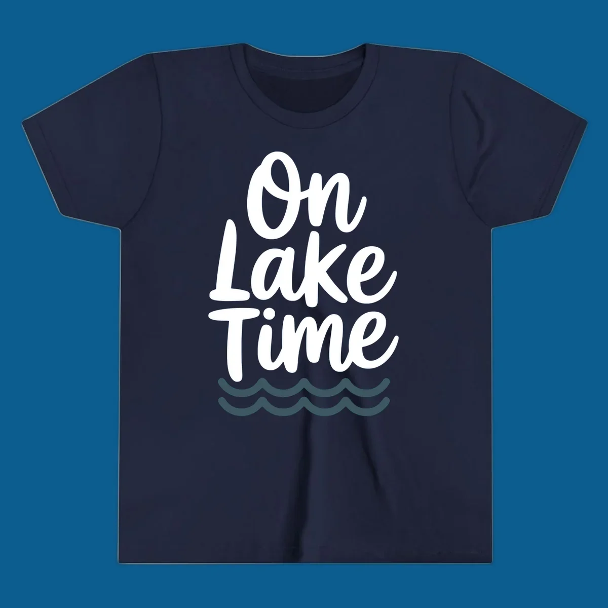 On lake time text with wavy lines, lake life graphic