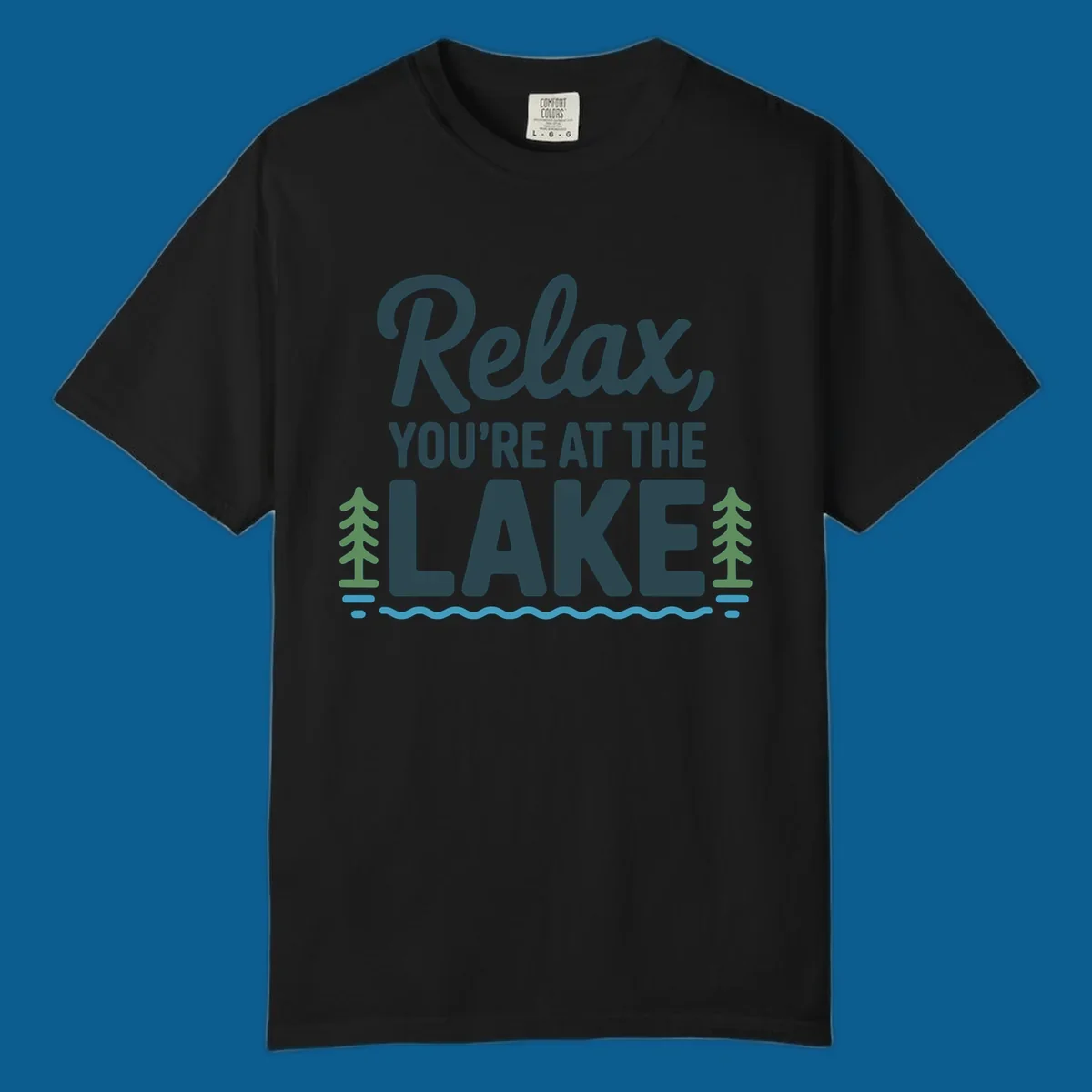 Relax at the lake graphic with text, trees, and water.