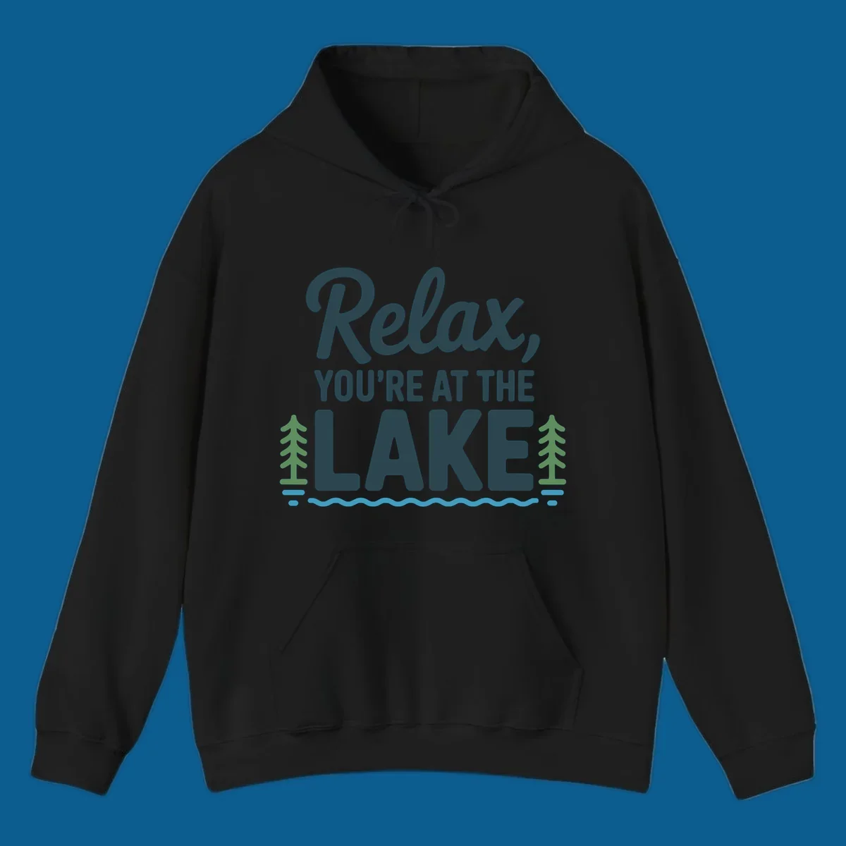 Relax at the lake graphic with text, trees, and water.