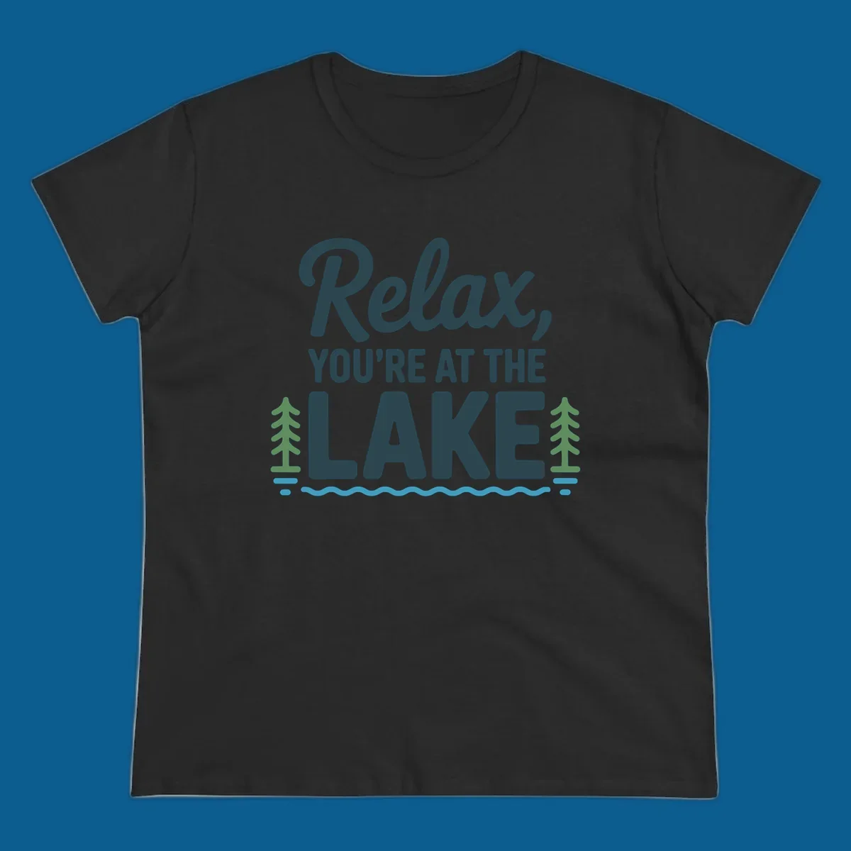 Relax at the lake graphic with text, trees, and water.