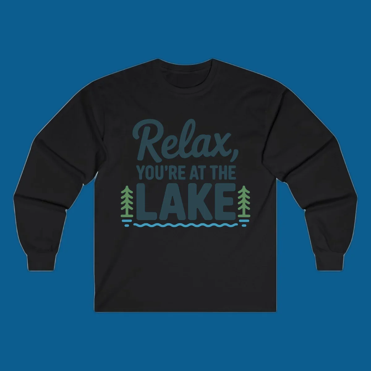 Relax at the lake graphic with text, trees, and water.