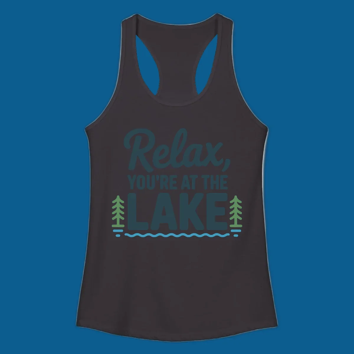 Relax at the lake graphic with text, trees, and water.