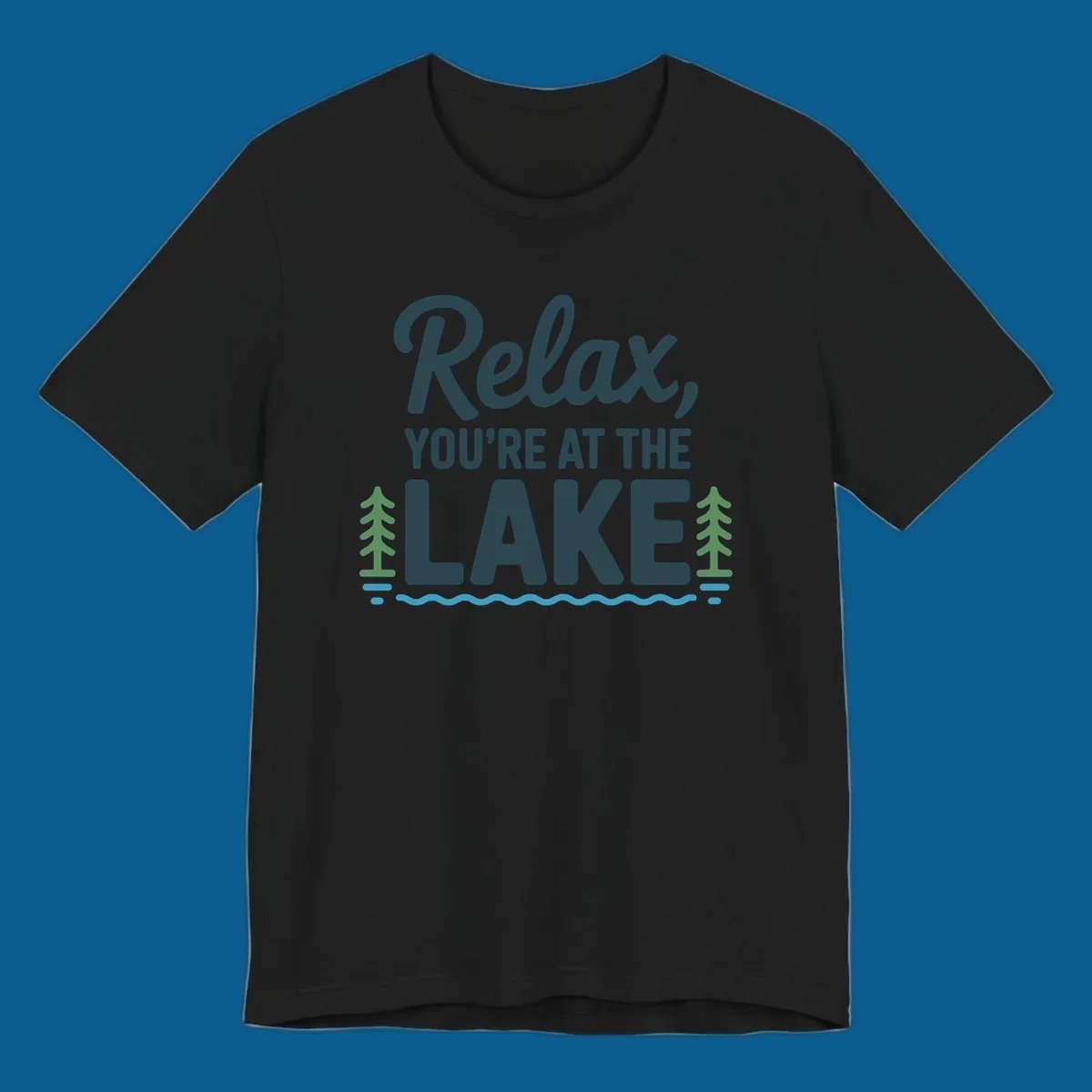 Relax at the lake graphic with text, trees, and water.