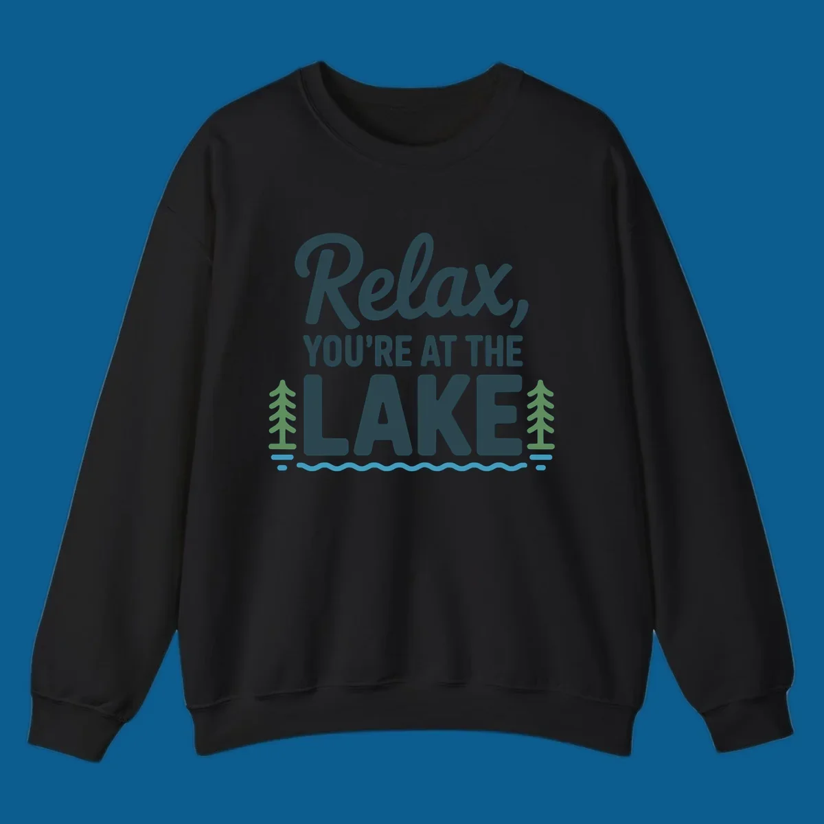 Relax at the lake graphic with text, trees, and water.