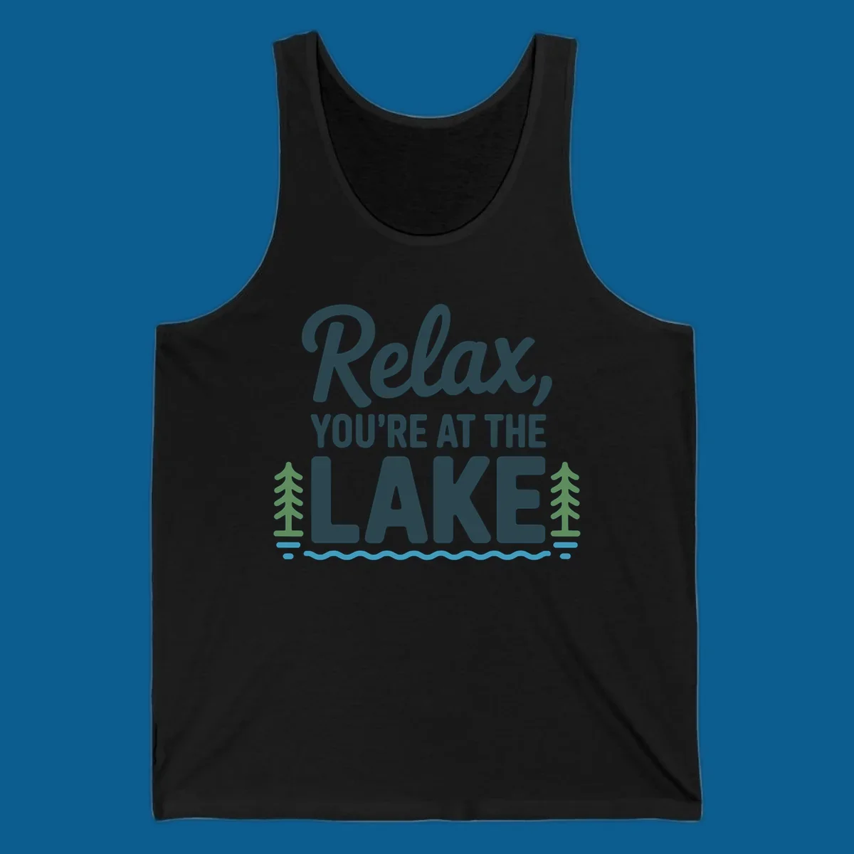 Relax at the lake graphic with text, trees, and water.