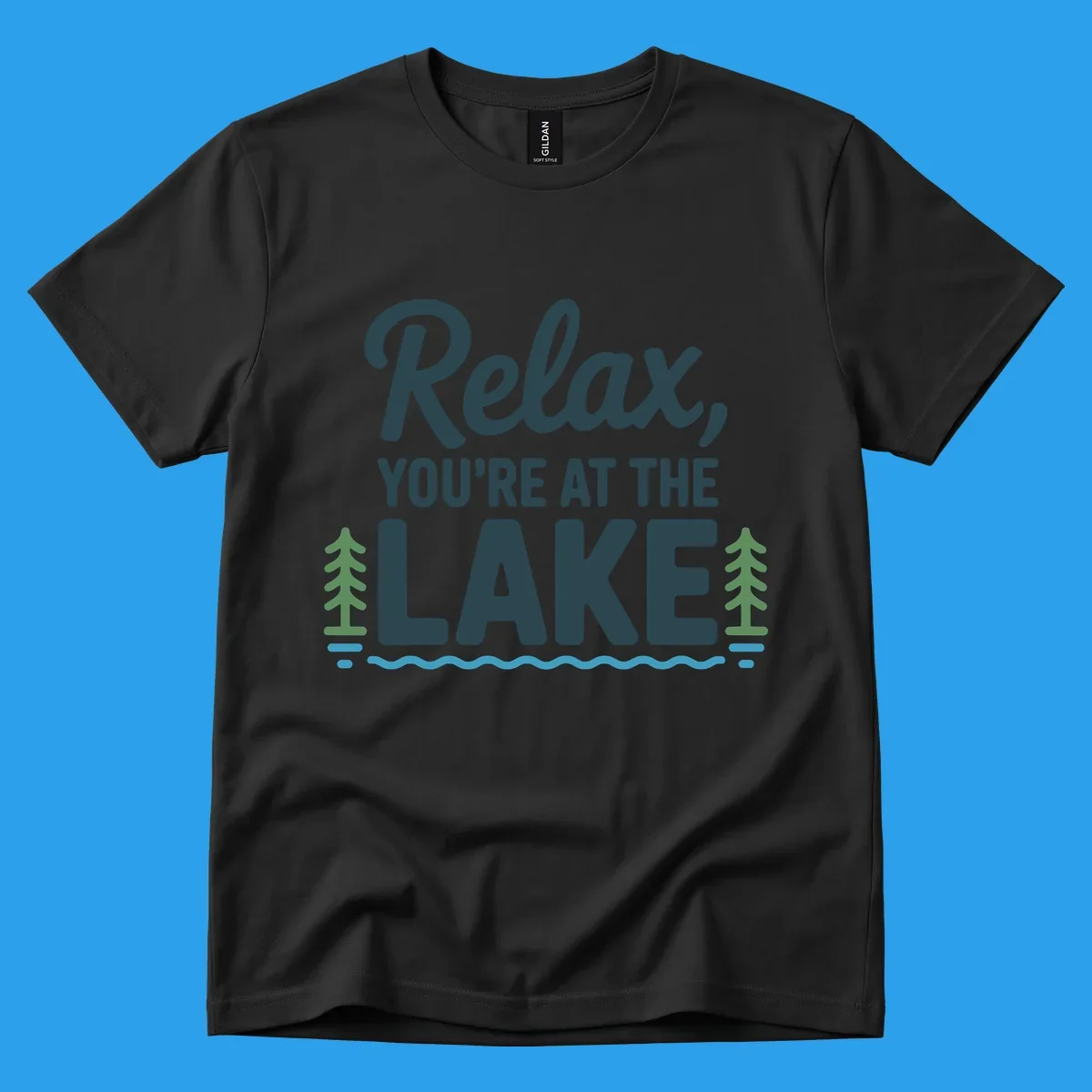 Relax at the lake graphic with text, trees, and water.