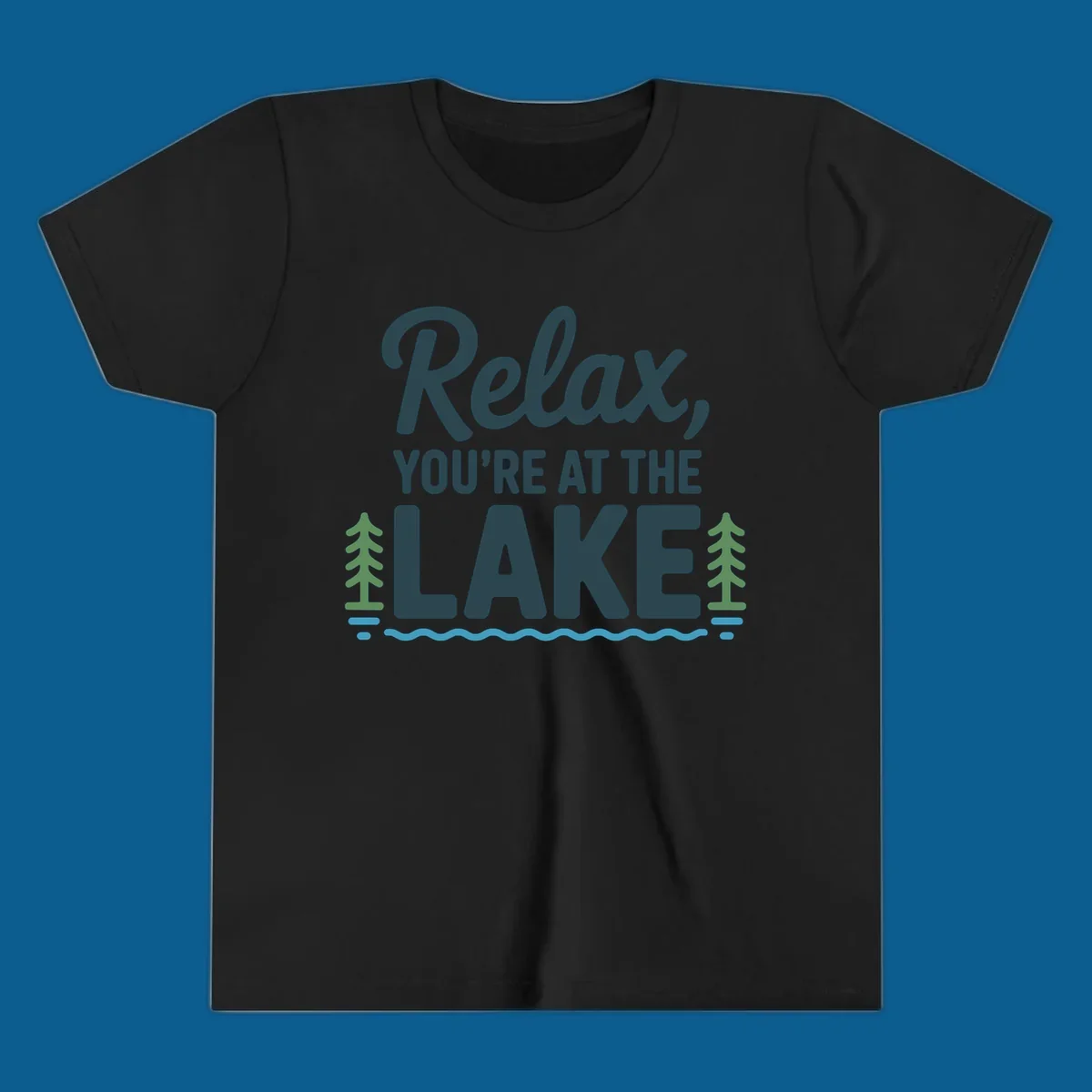 Relax at the lake graphic with text, trees, and water.