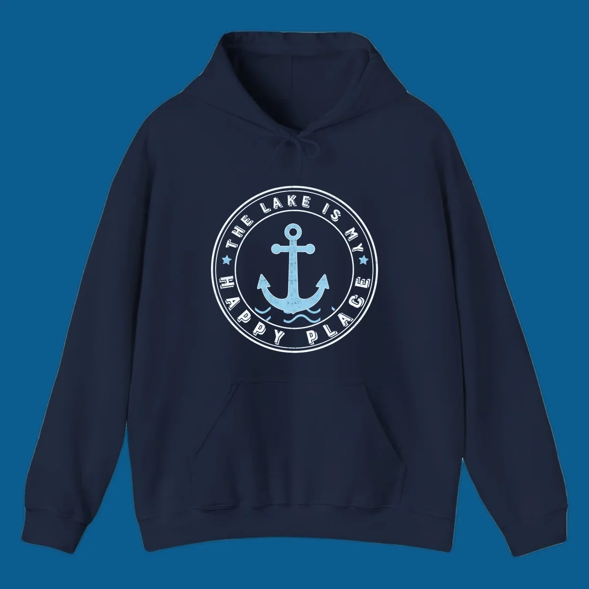 Circular badge with anchor and text 'The Lake Is My Happy Place', lake-happy-place concept.