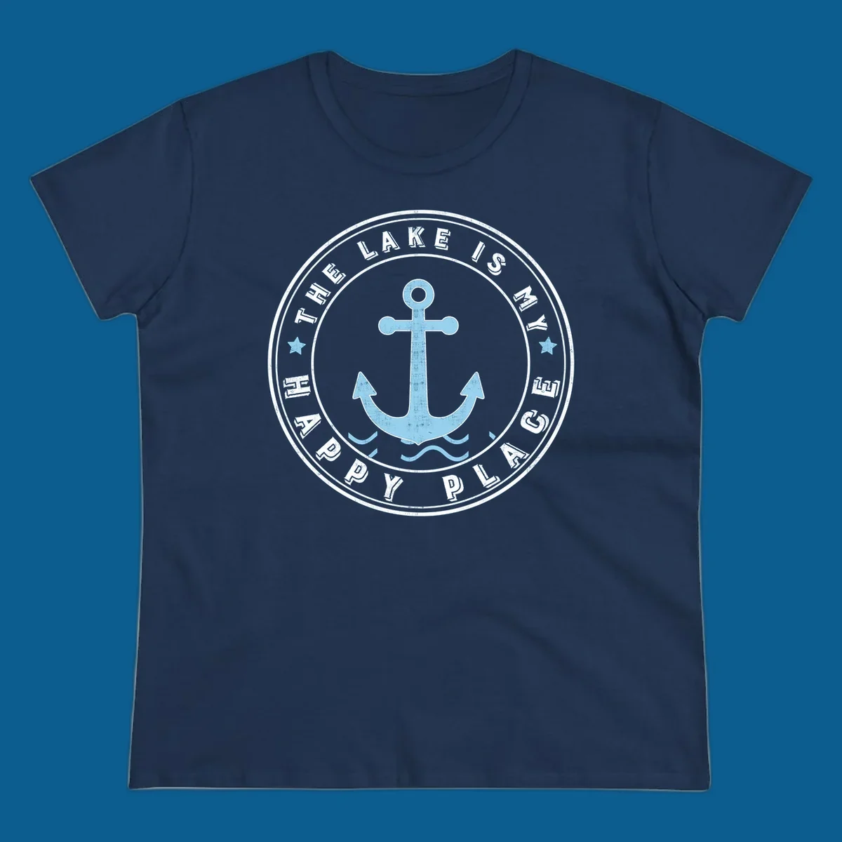 Circular badge with anchor and text 'The Lake Is My Happy Place', lake-happy-place concept.