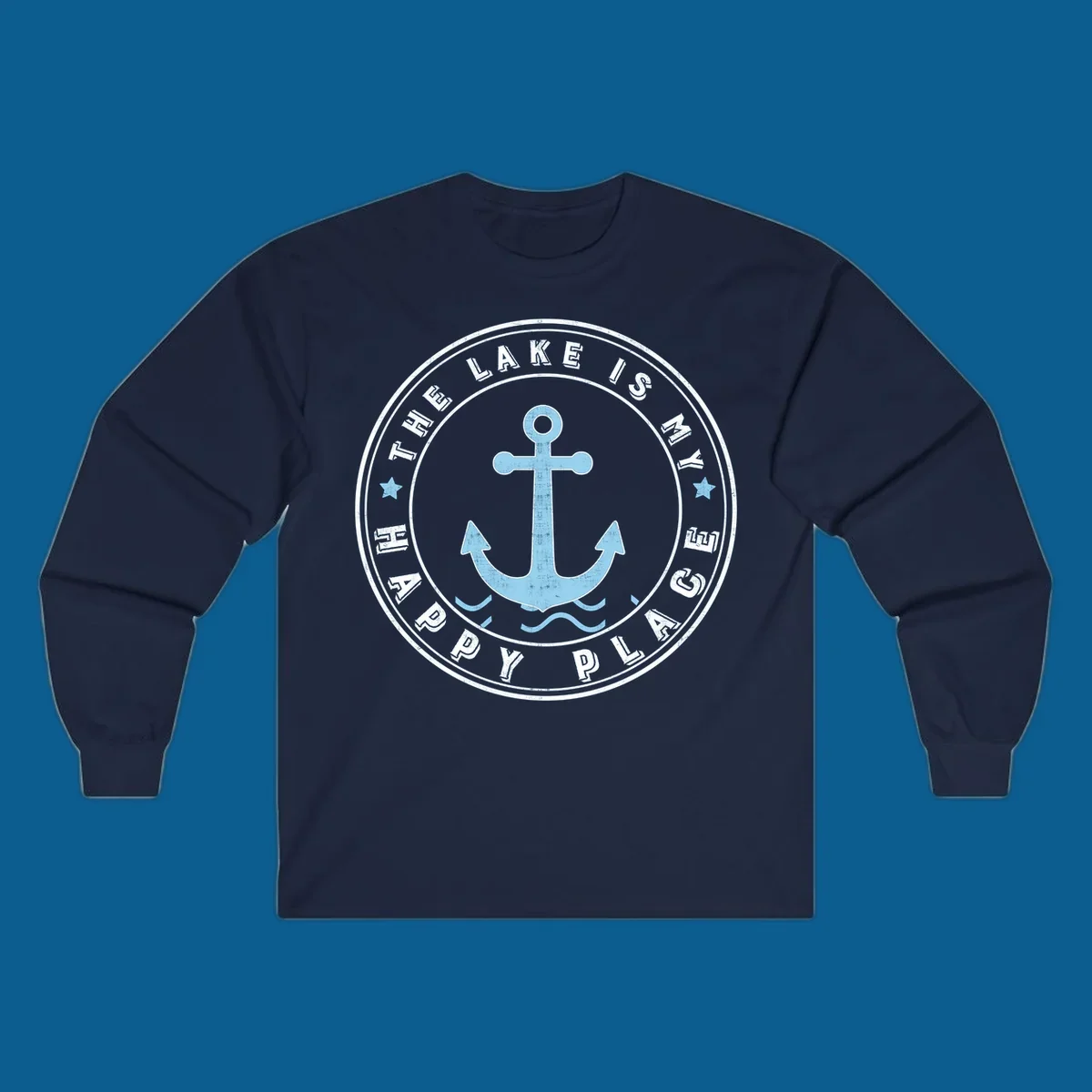 Circular badge with anchor and text 'The Lake Is My Happy Place', lake-happy-place concept.