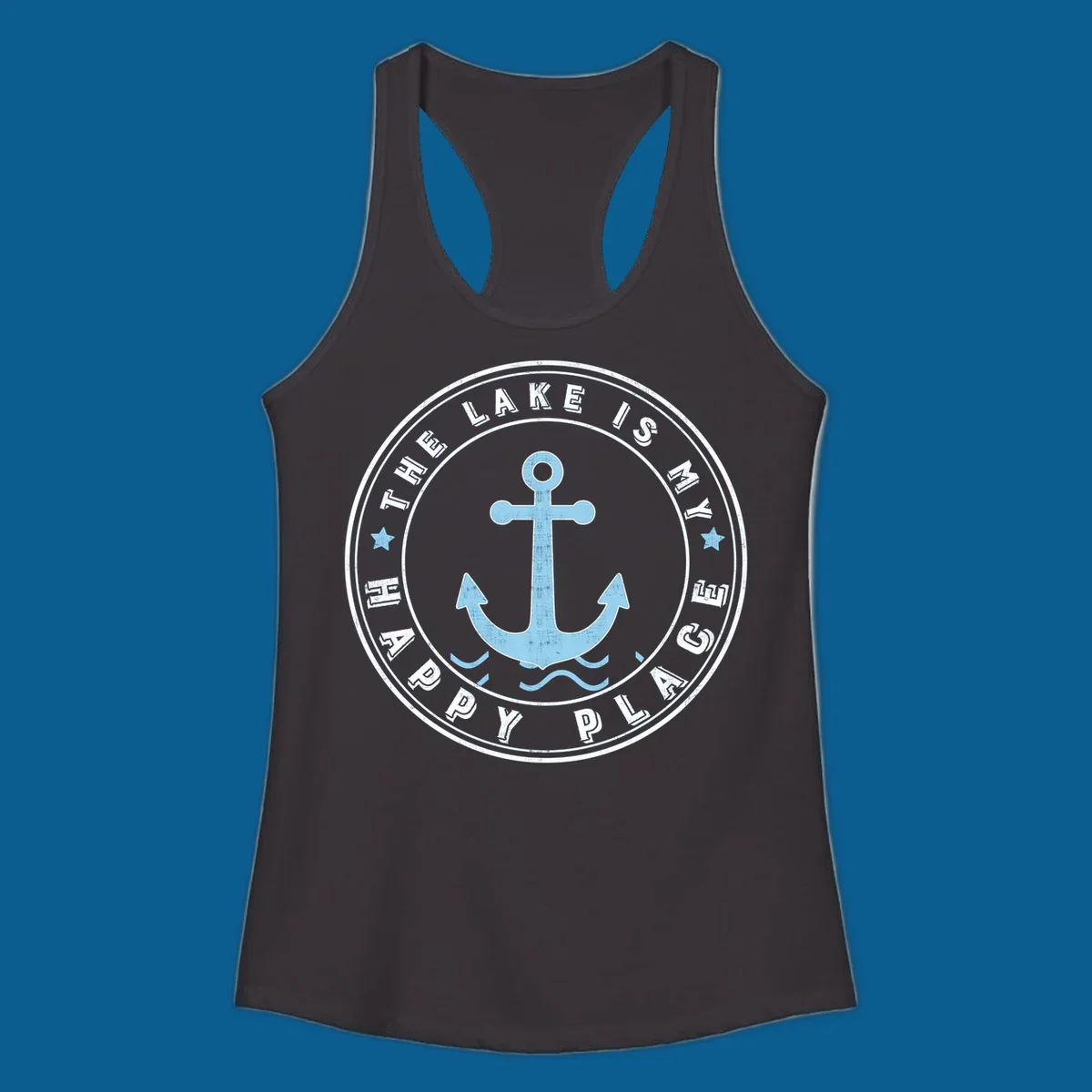 Circular badge with anchor and text 'The Lake Is My Happy Place', lake-happy-place concept.