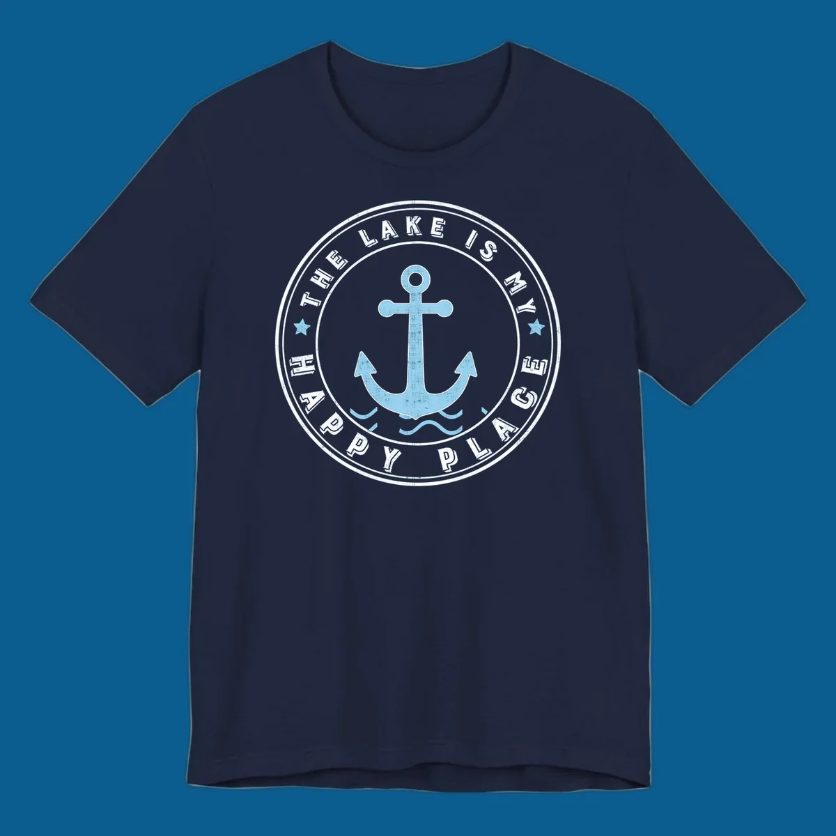 Circular badge with anchor and text 'The Lake Is My Happy Place', lake-happy-place concept.