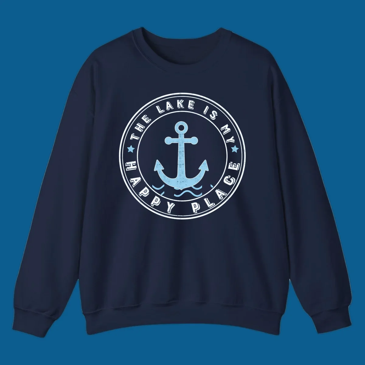 Circular badge with anchor and text 'The Lake Is My Happy Place', lake-happy-place concept.