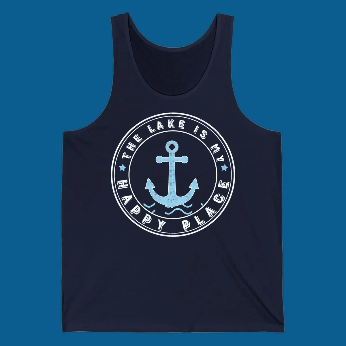 Circular badge with anchor and text 'The Lake Is My Happy Place', lake-happy-place concept.