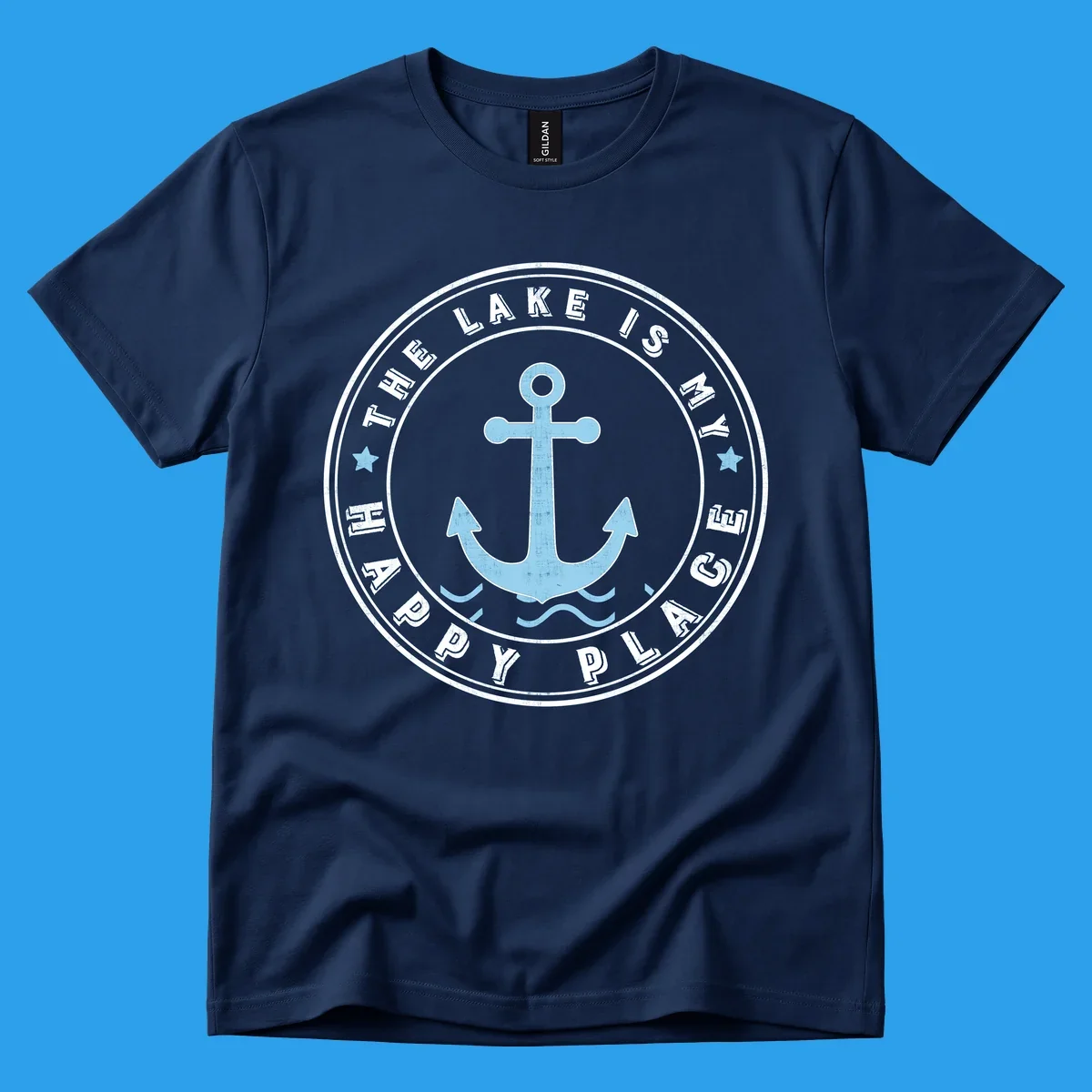 Circular badge with anchor and text 'The Lake Is My Happy Place', lake-happy-place concept.