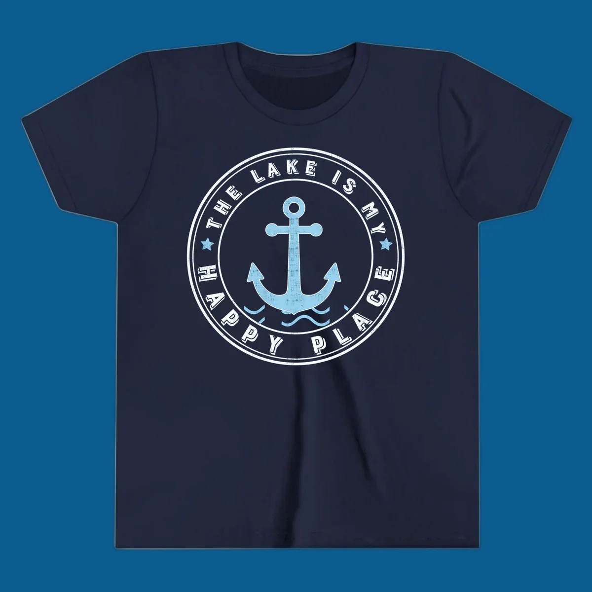 Circular badge with anchor and text 'The Lake Is My Happy Place', lake-happy-place concept.
